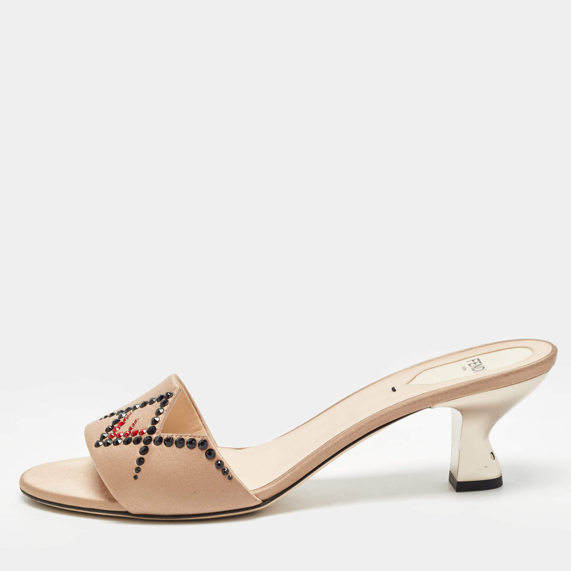 Fendi Beige Satin Crystal Embellished Slide Sandals Size 40 