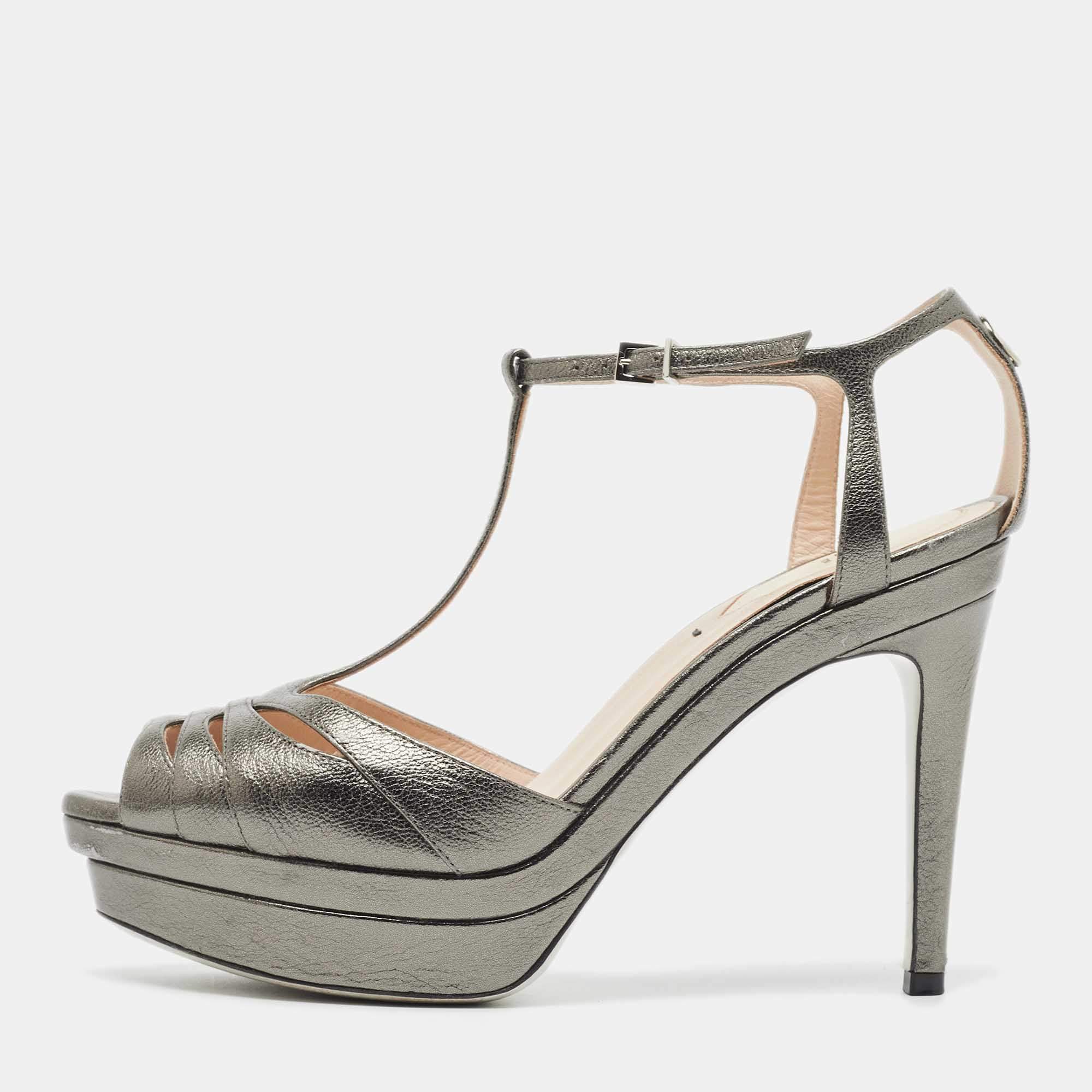 Pre Owned Fendi Metallic Grey Leather Platform T-Strap Sandals Size 36