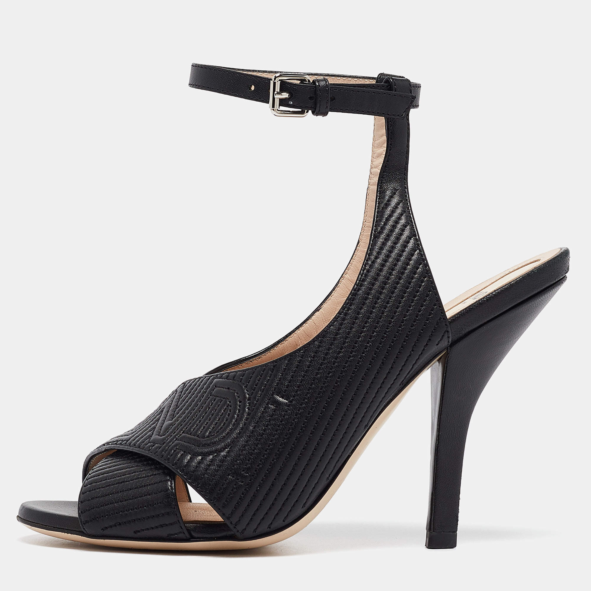 Pre Owned Fendi Black Logo Embossed Leather Slingback Ankle Strap Sandals Size 37