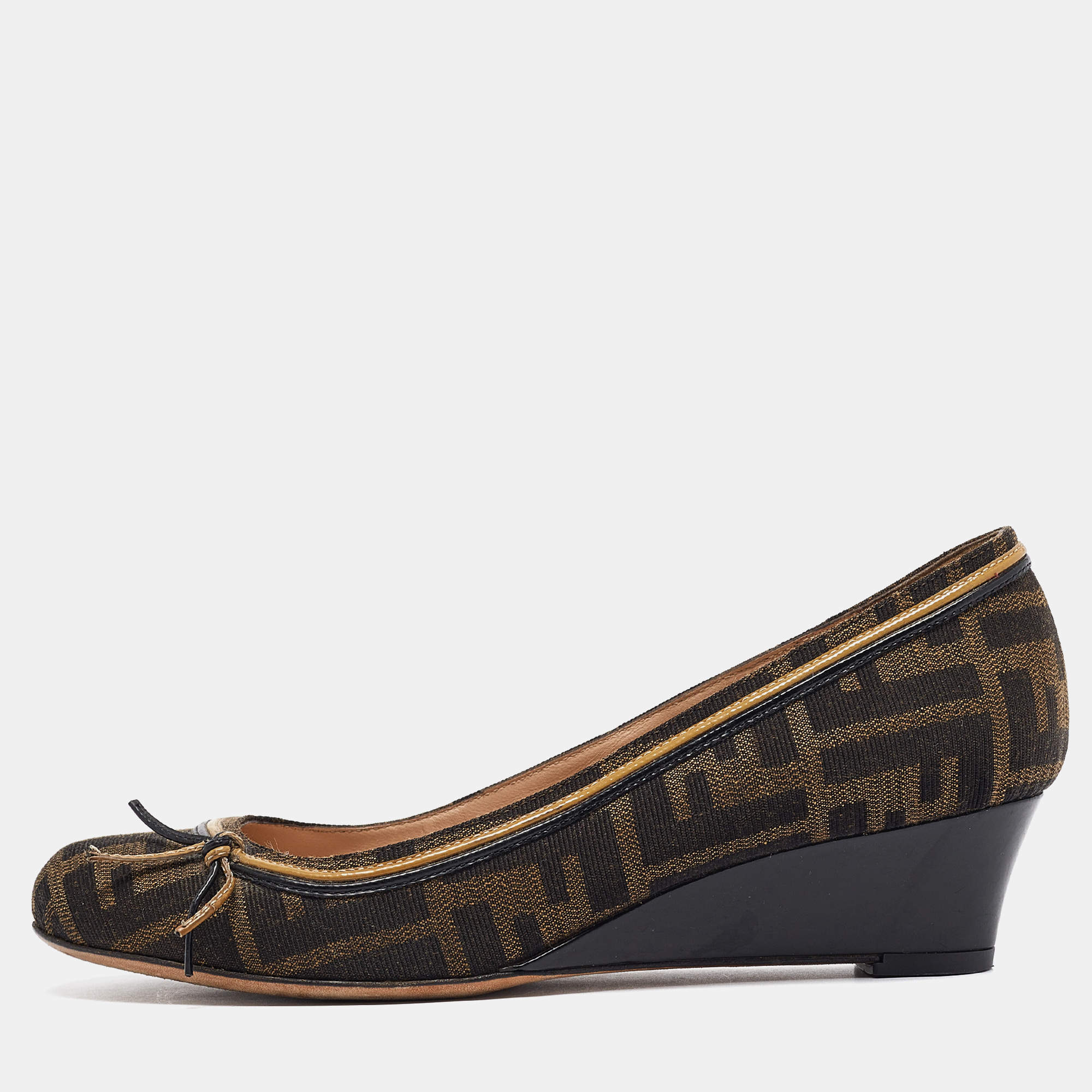 Fendi Brown Zucca Canvas and Leather Bow Wedge Pumps Size 37