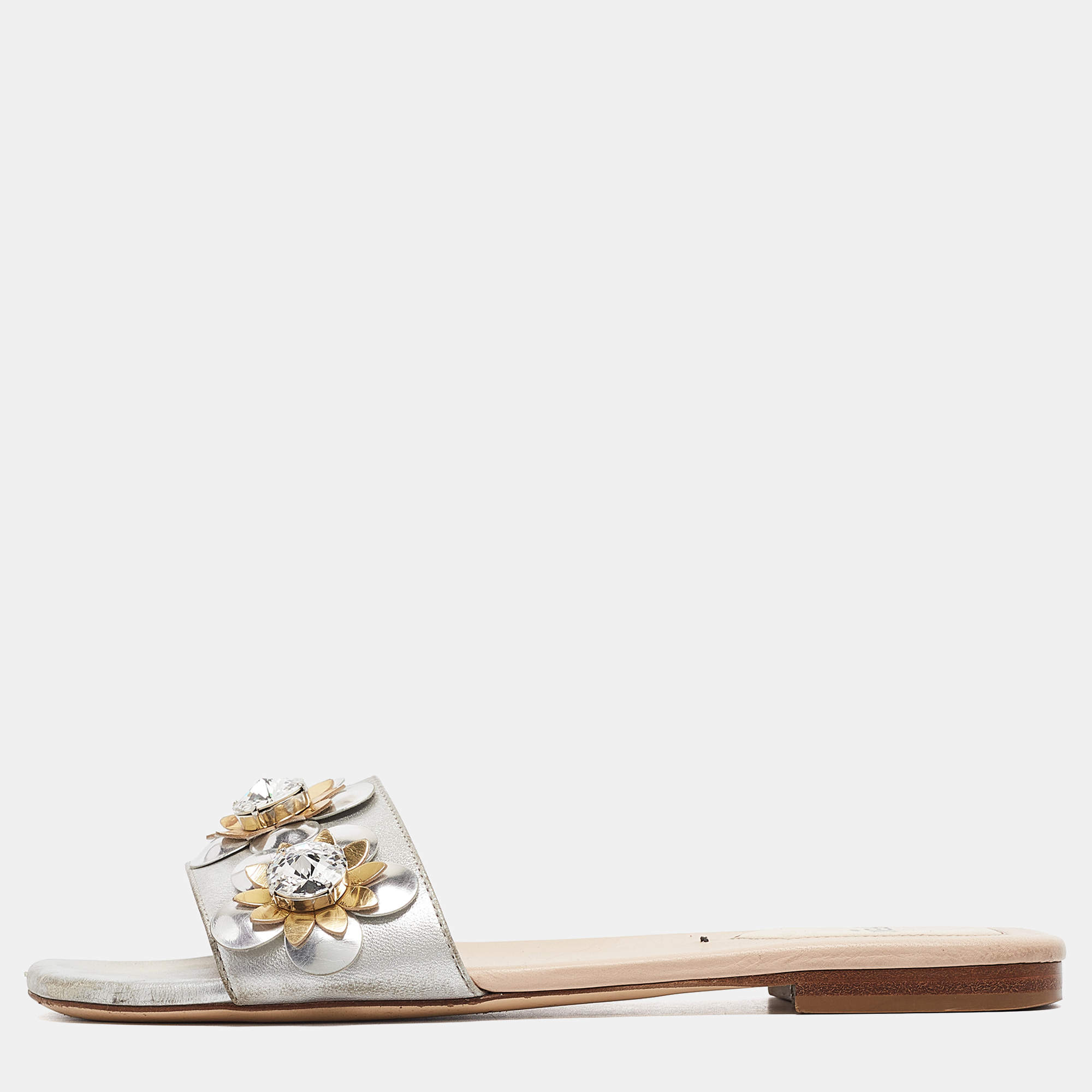 Fendi Silver Leather Flowerland Flat Slides Size 36