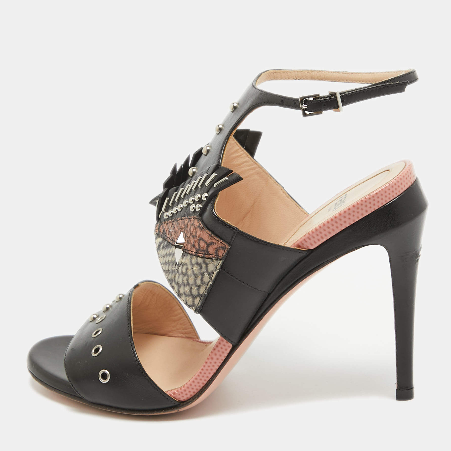 Fendi Black Studded Leather Rocker Bug Ankle-Strap Sandals Size 36