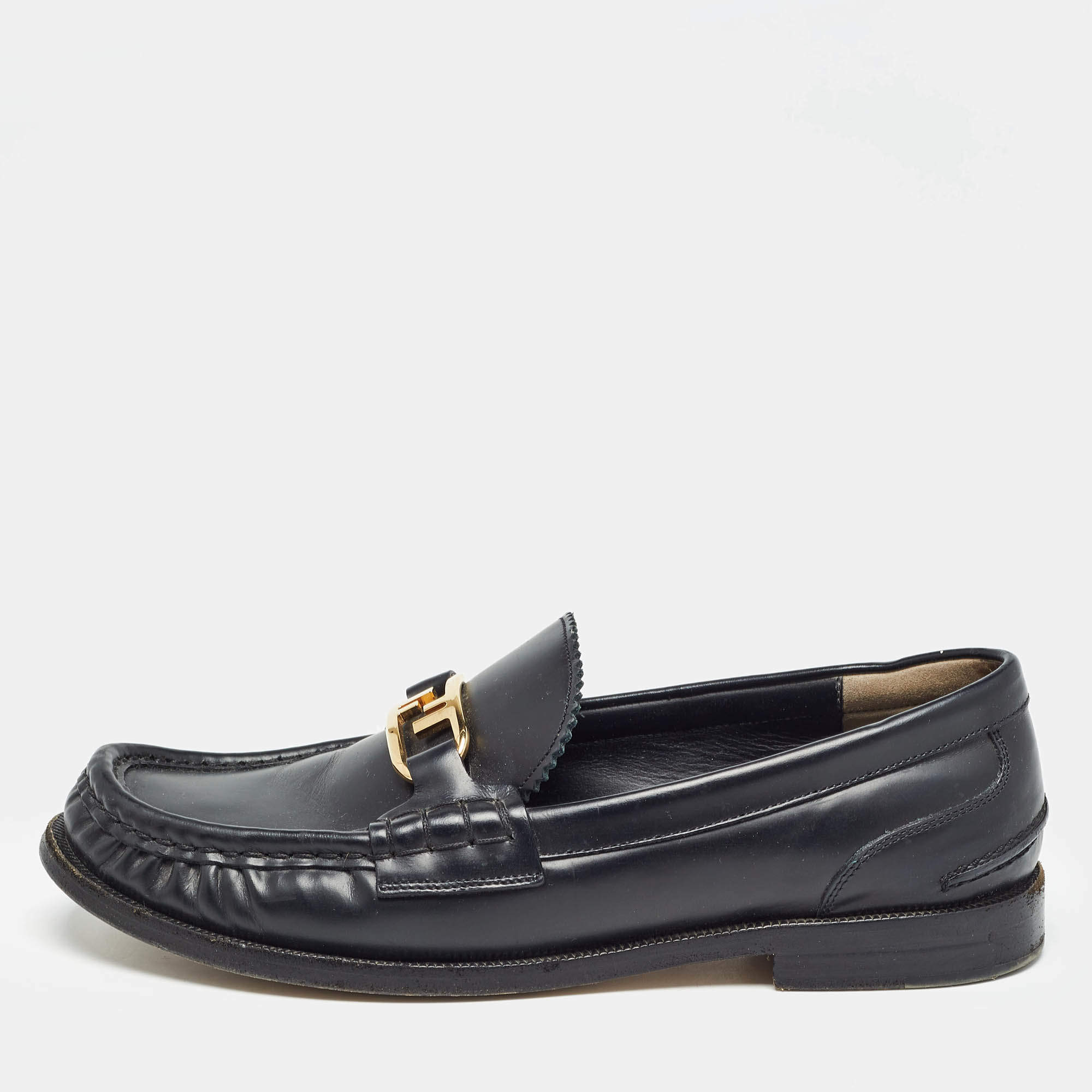 Pre Owned Fendi Black Leather FF Buckle Loafers Size 39