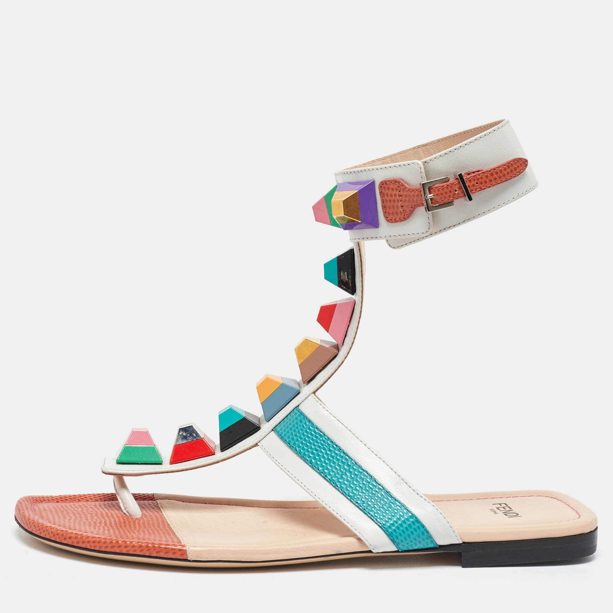 Fendi Multicolor Leather Studded Thong Flat Sandals Size 37