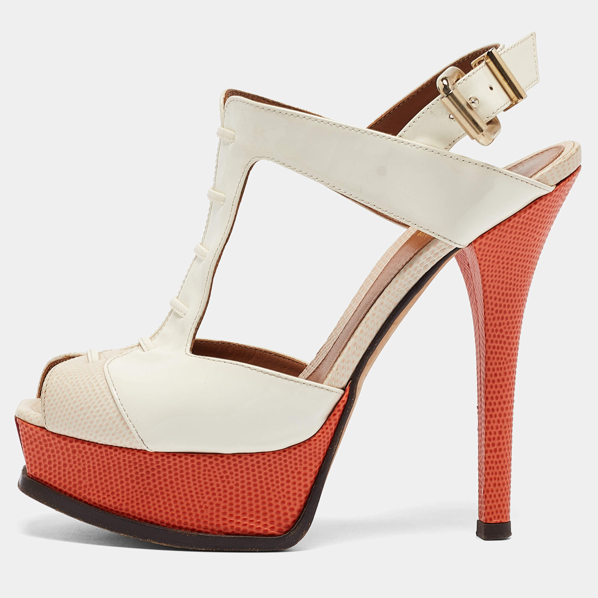 مملوكة مسبقًا Fendi Two Tone Lizard Embossed Leather and Patent Ankle Strap Sandals Size 37