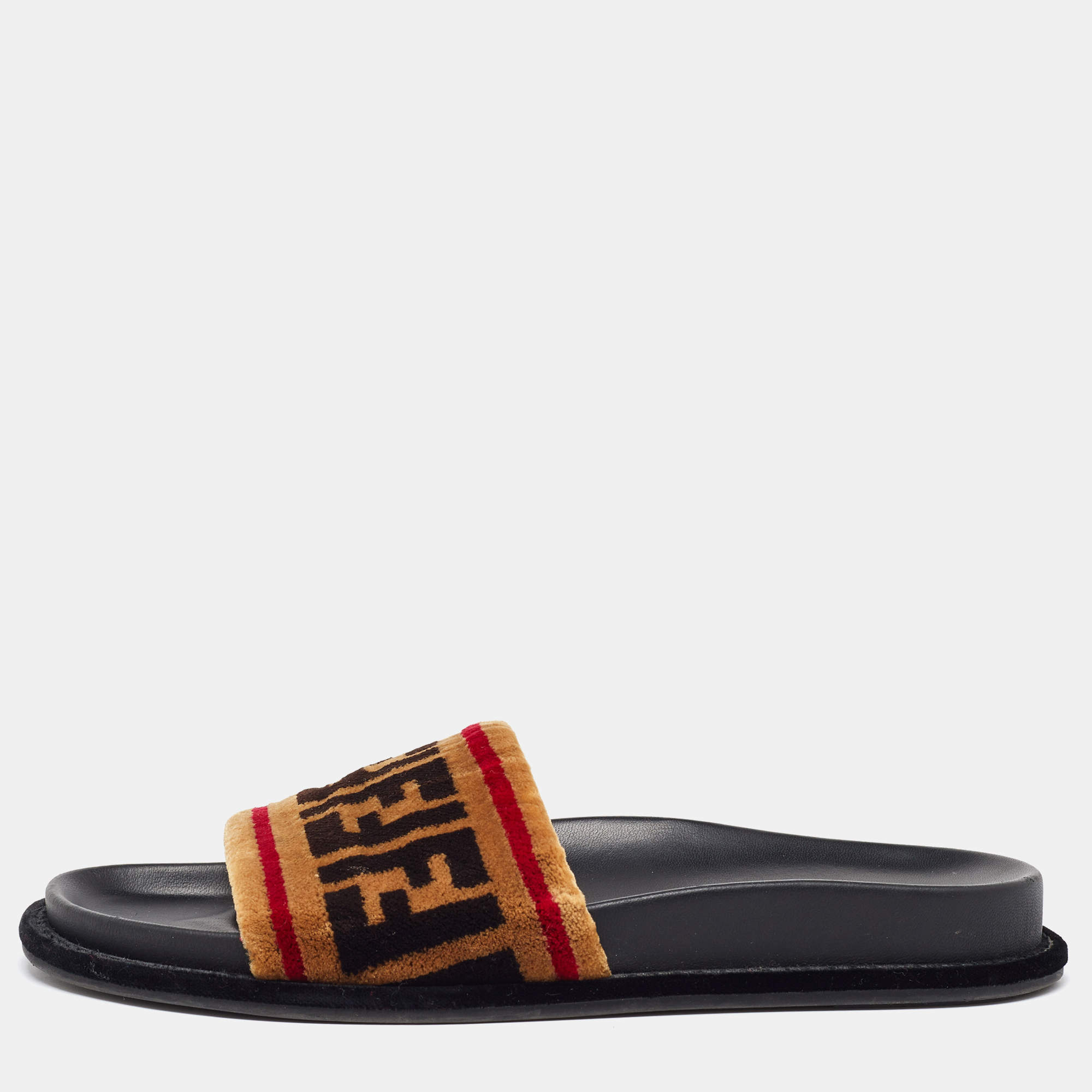 Pre Owned Fendi Brown FF Velvet Monogram Slide Sandals Size 38