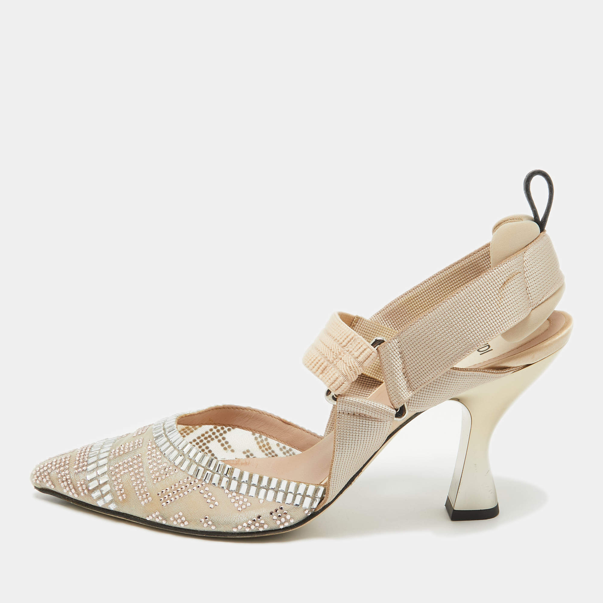 Fendi Beige Mesh and Canvas Crystal Embellished Colibri Slingback Pumps Size 38