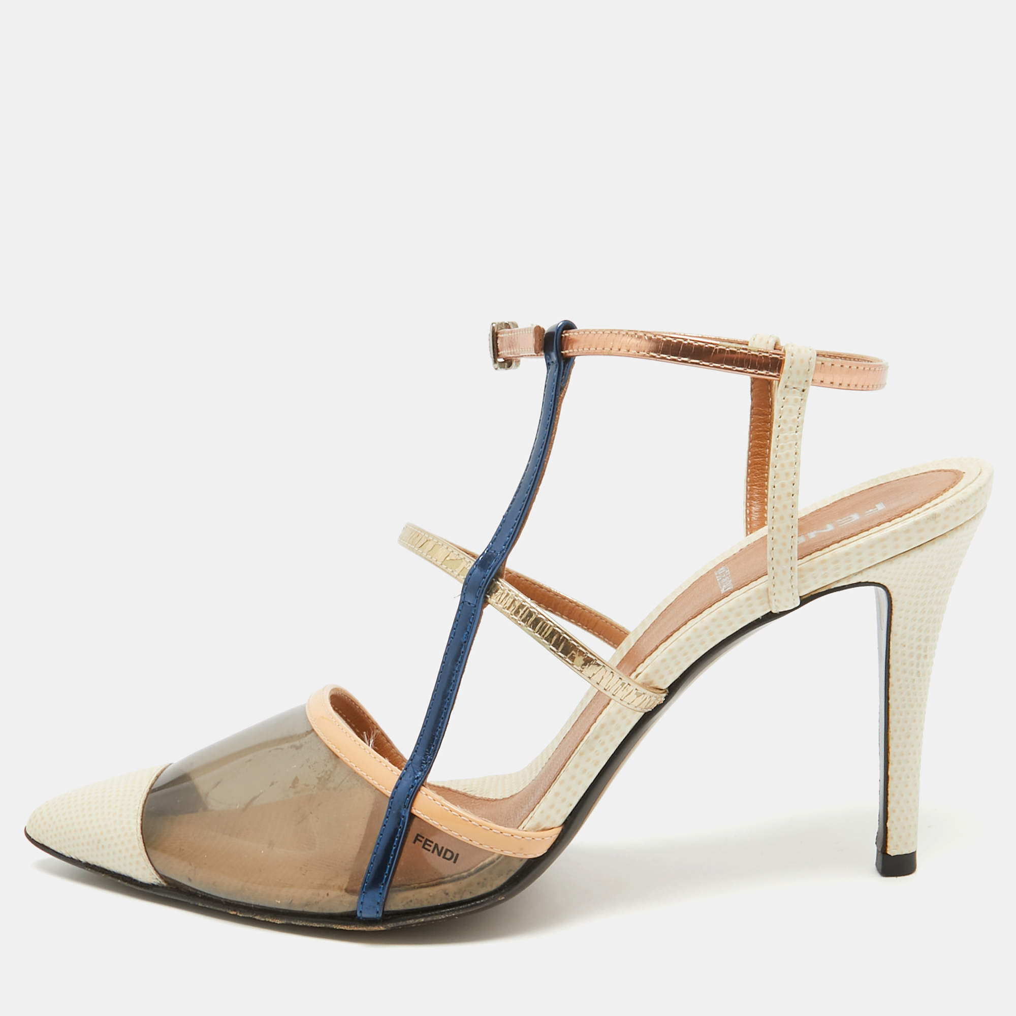 مملوكة مسبقًا Fendi Tricolor Lizard Embossed Leather and PVC Slingback Pointed Toe Pumps Size 38