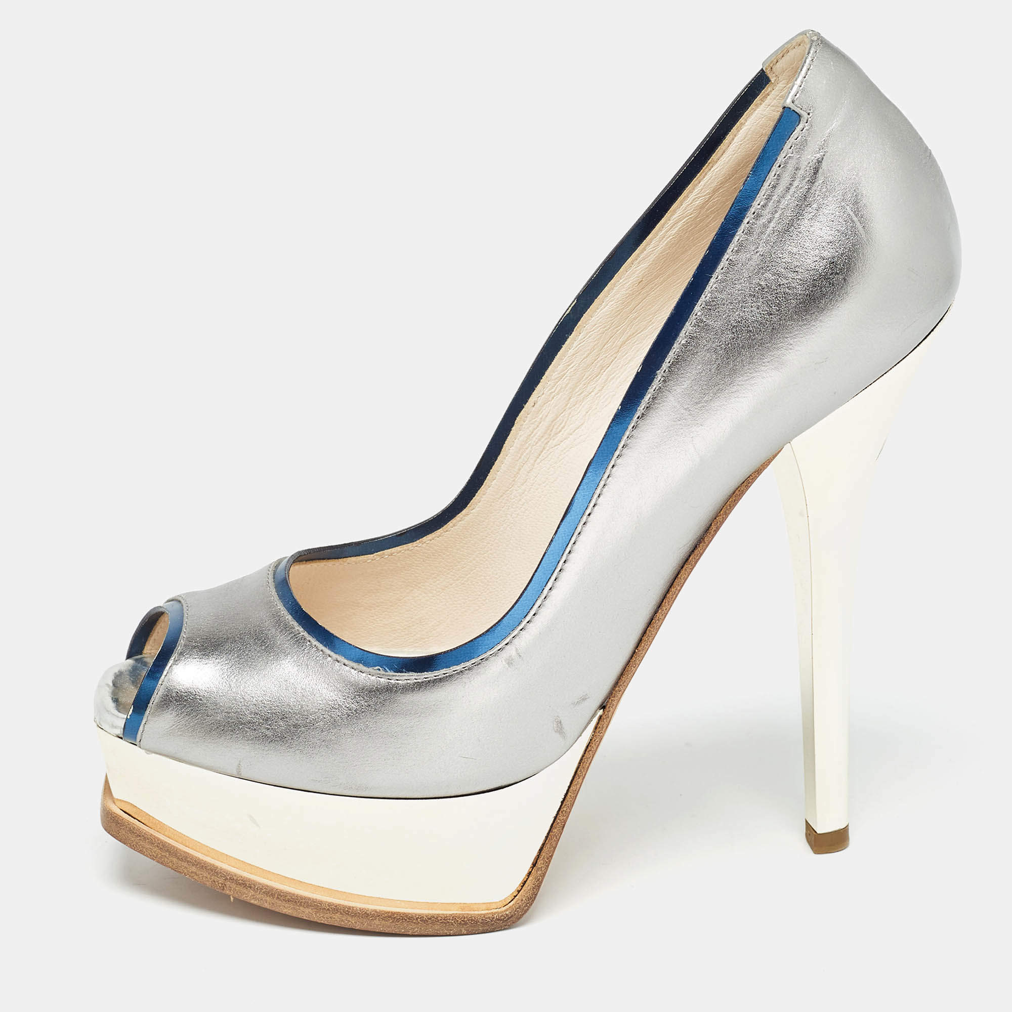 Fendi Silver Leather Fendista Peep Toe Pumps Size 38