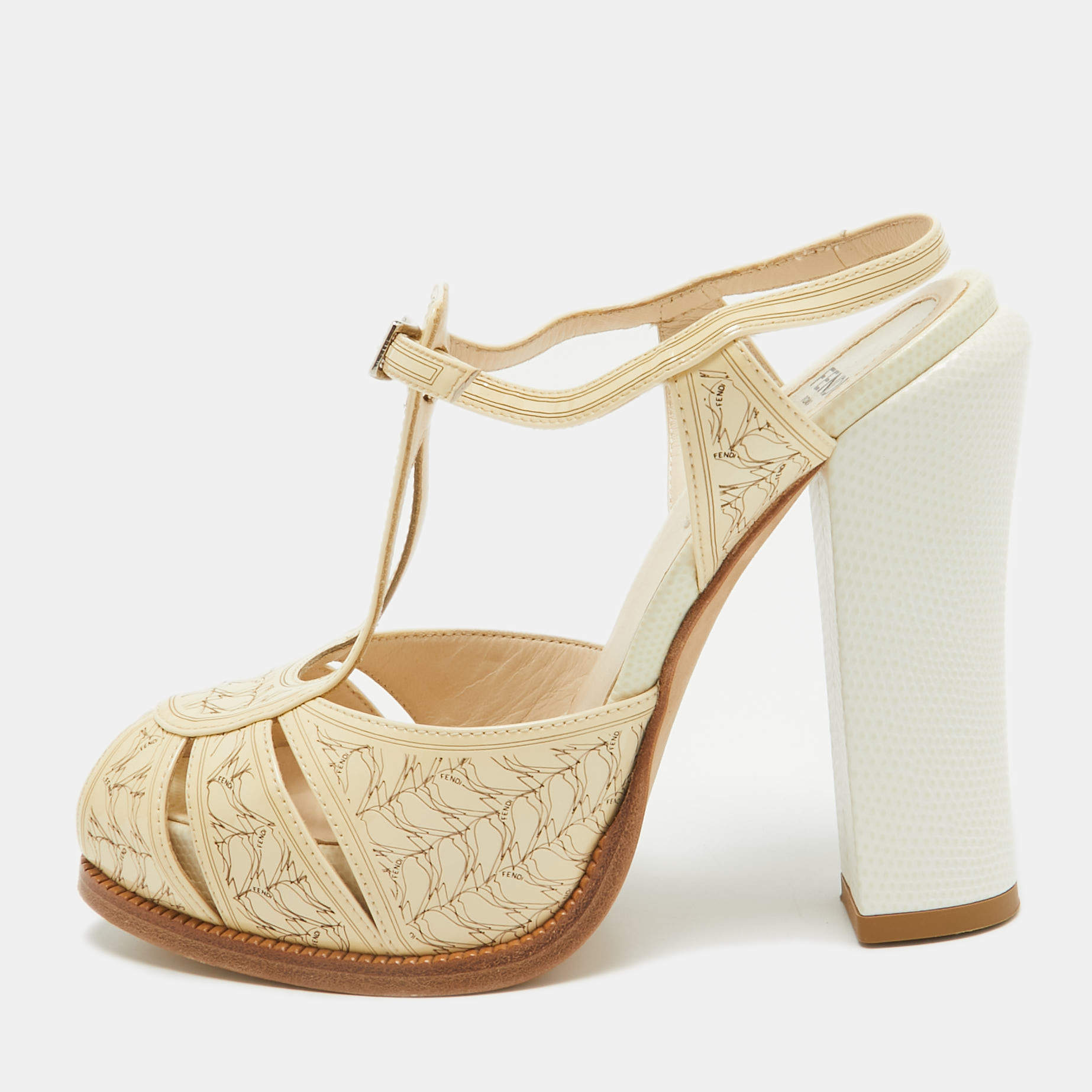 Pre Owned Fendi Cream Patent Leather T-Bar Ankle Strap Sandals Size 36