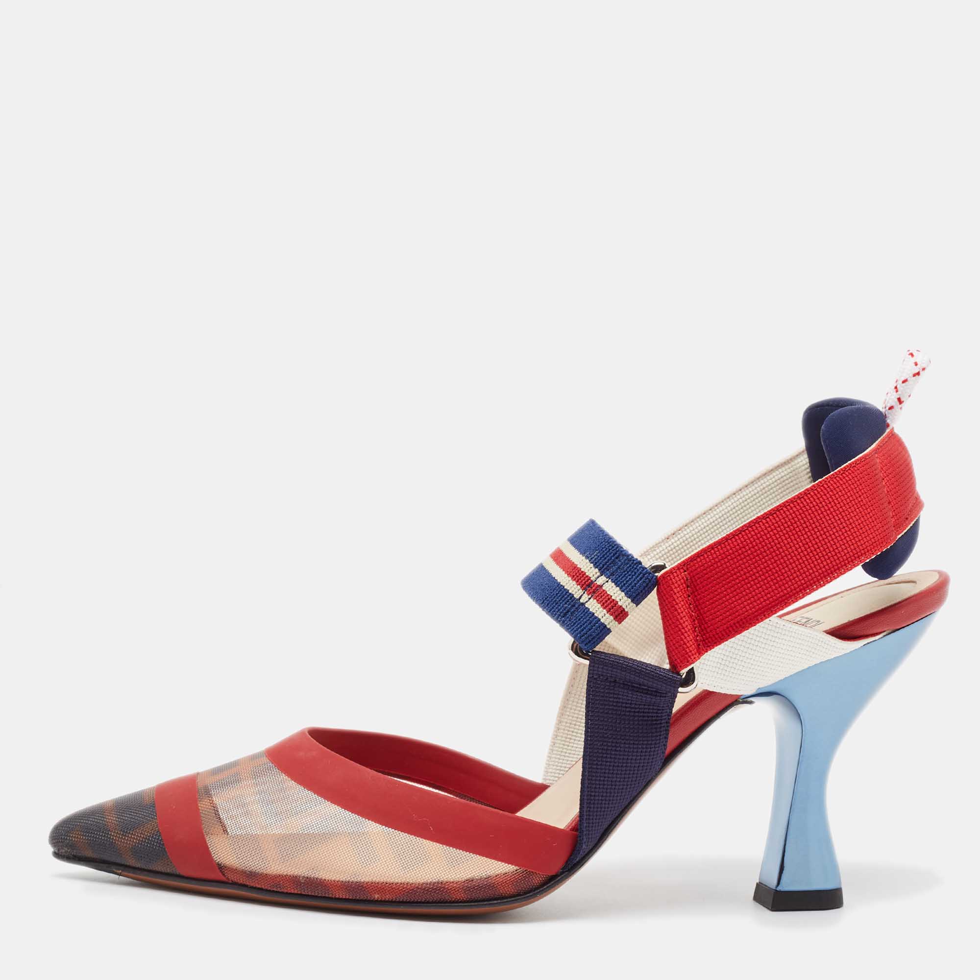 Fendi Multicolor Zucca Mesh and Canvas Colibri Slingback Pumps Size 38.5