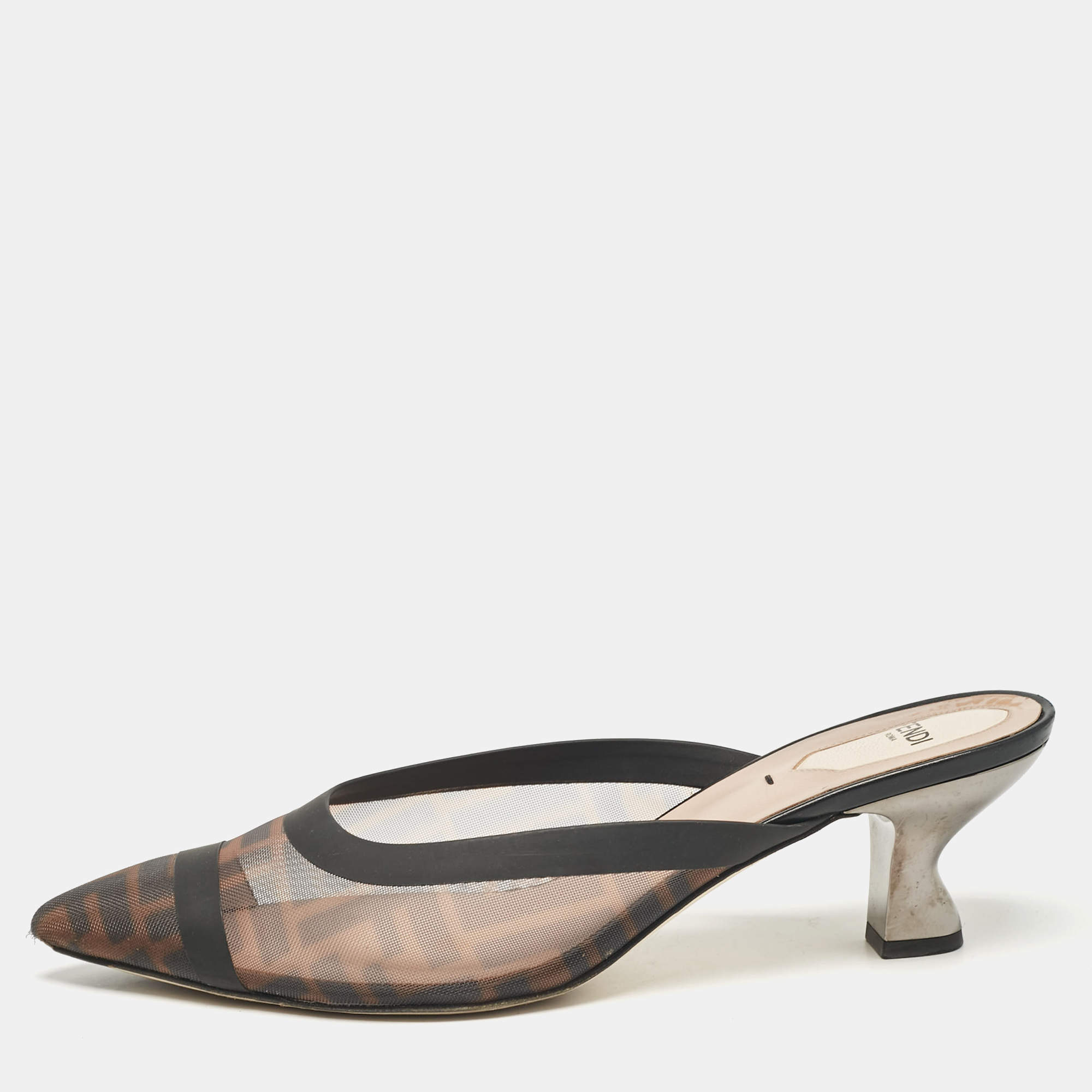 Pre Owned Fendi Beige/Black Leather and Mesh Colibri Mules Size 39.5