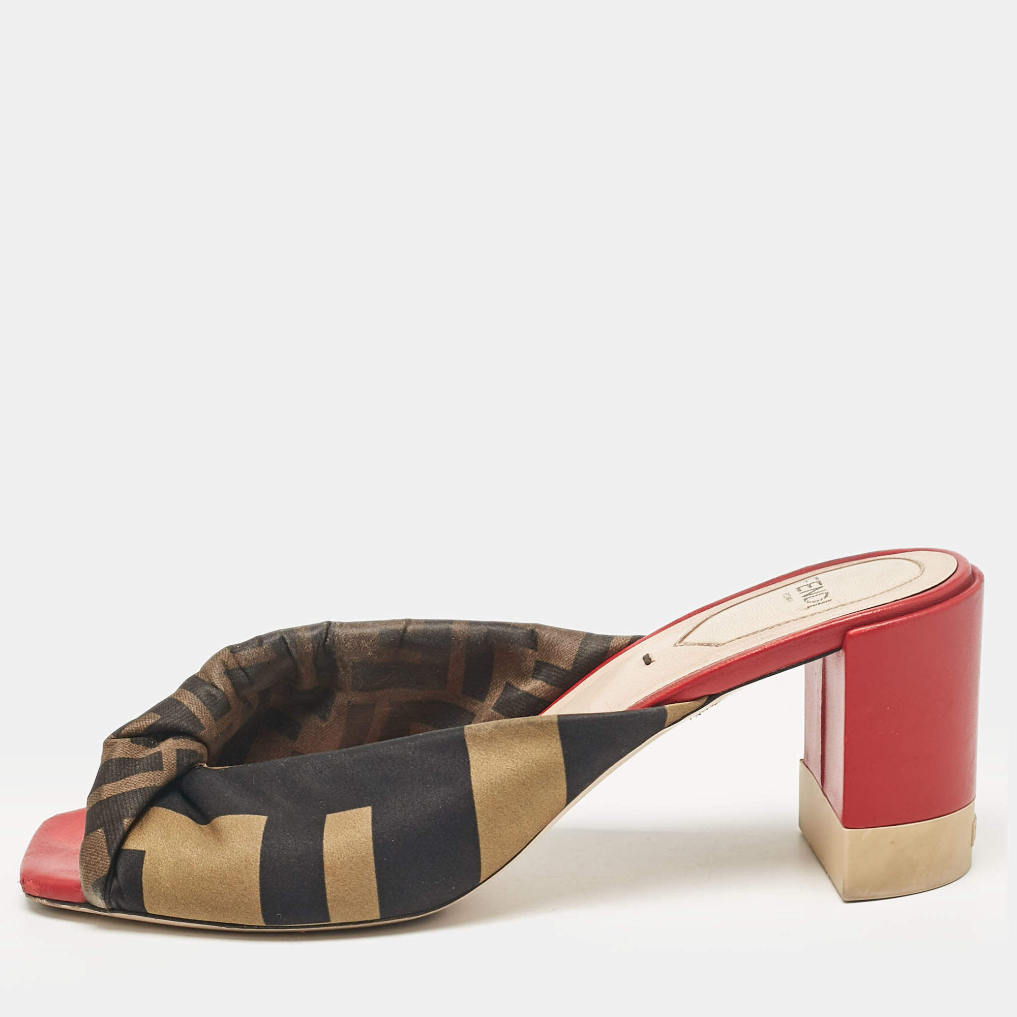 Pre Owned Fendi Black/Olive Green Logo Print Knotted Satin Slide Sandals Size 37.5