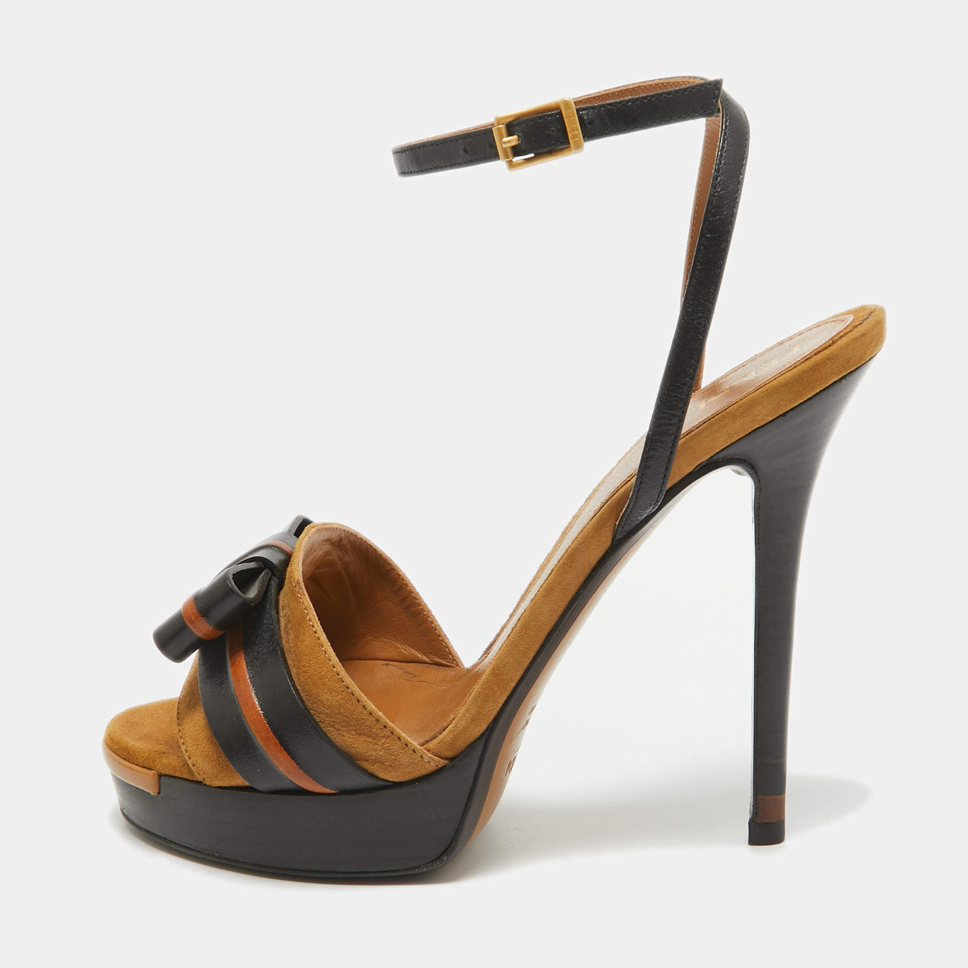 Pre Owned Fendi Black/Brown Leather and Suede Bow Platform Ankle Strap Sandals Size 37