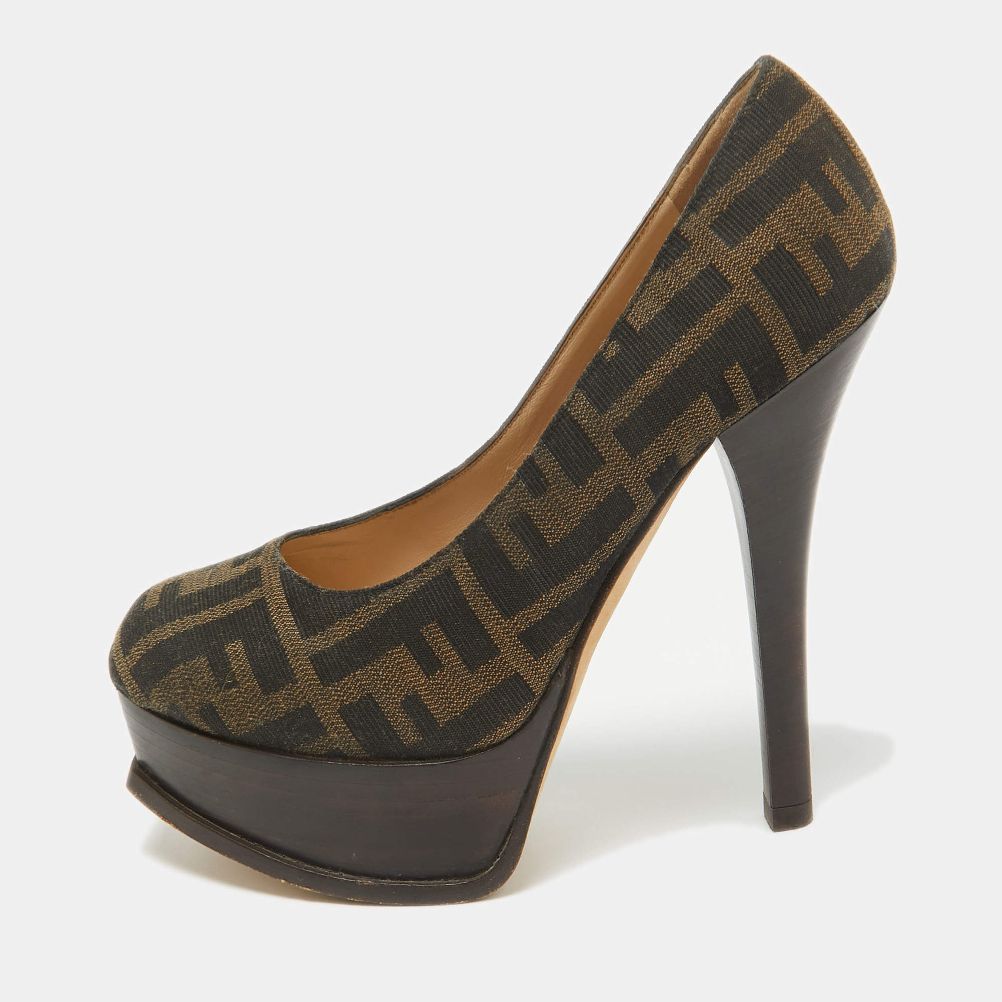Fendi Brown Canvas Fendista Platform Pumps Size 35.5