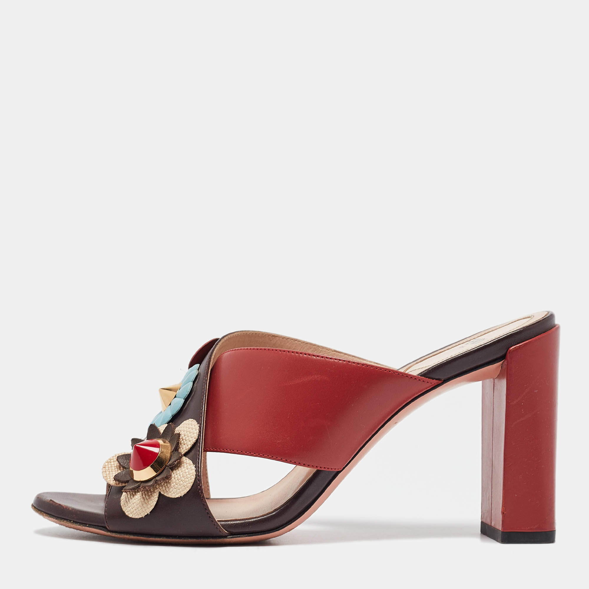 Fendi Red/Brown Leather Flowerland Slide Sandals Size 37