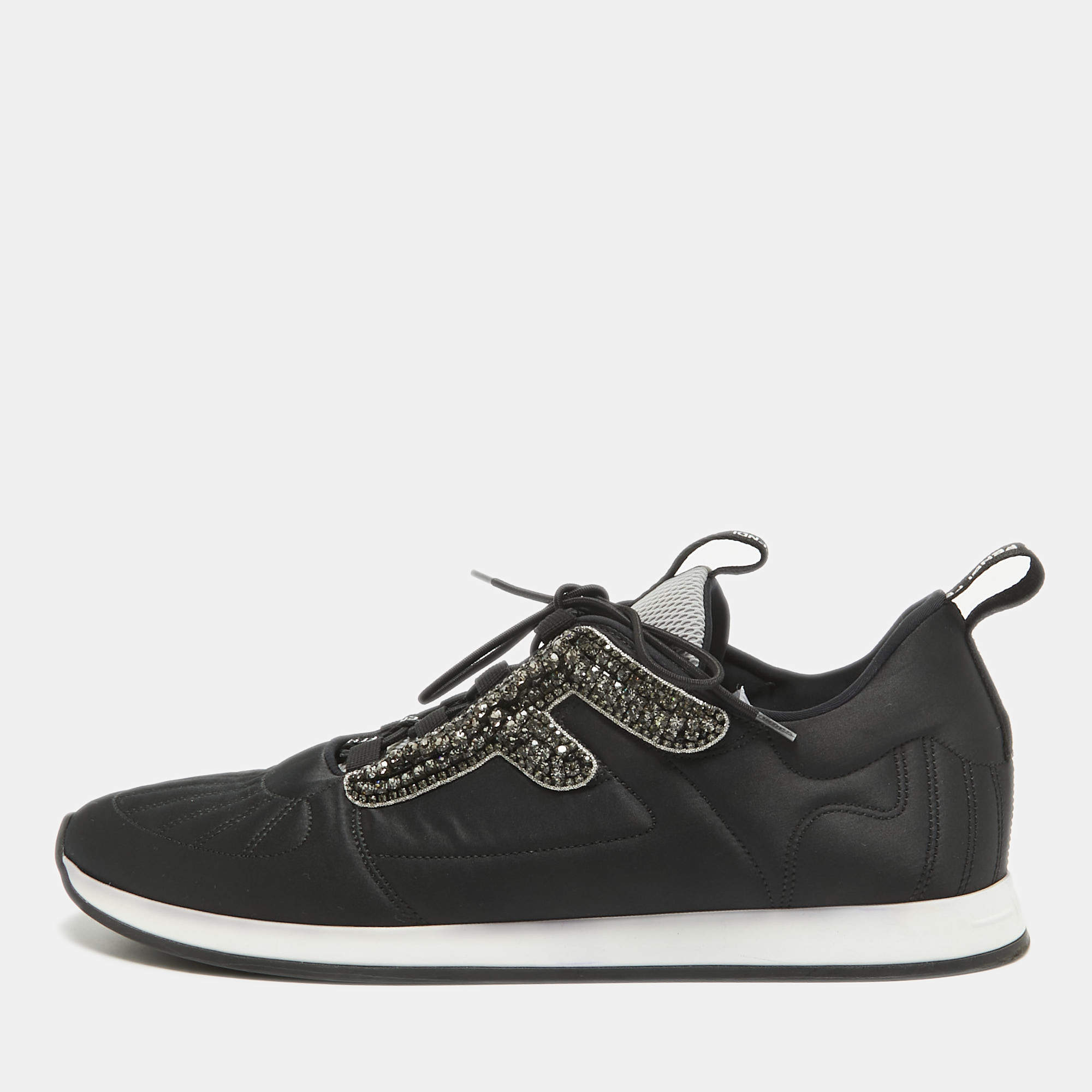 Pre Owned Fendi Black Fabric and Satin Crystal Embellished Lace Up Sneakers Size 41