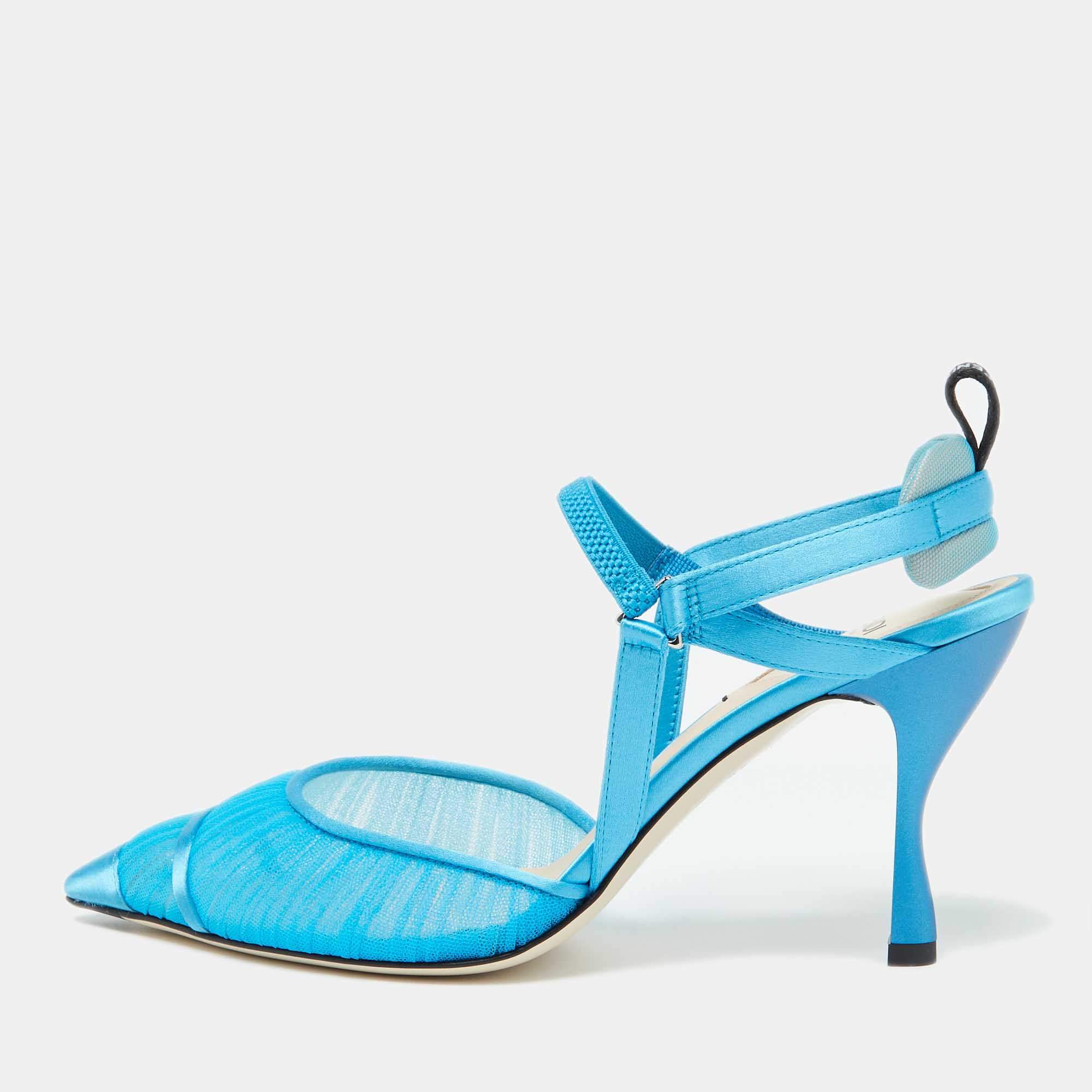 Pre Owned Fendi Blue Tulle and Satin Colibri Lite Slingback Pumps Size 39