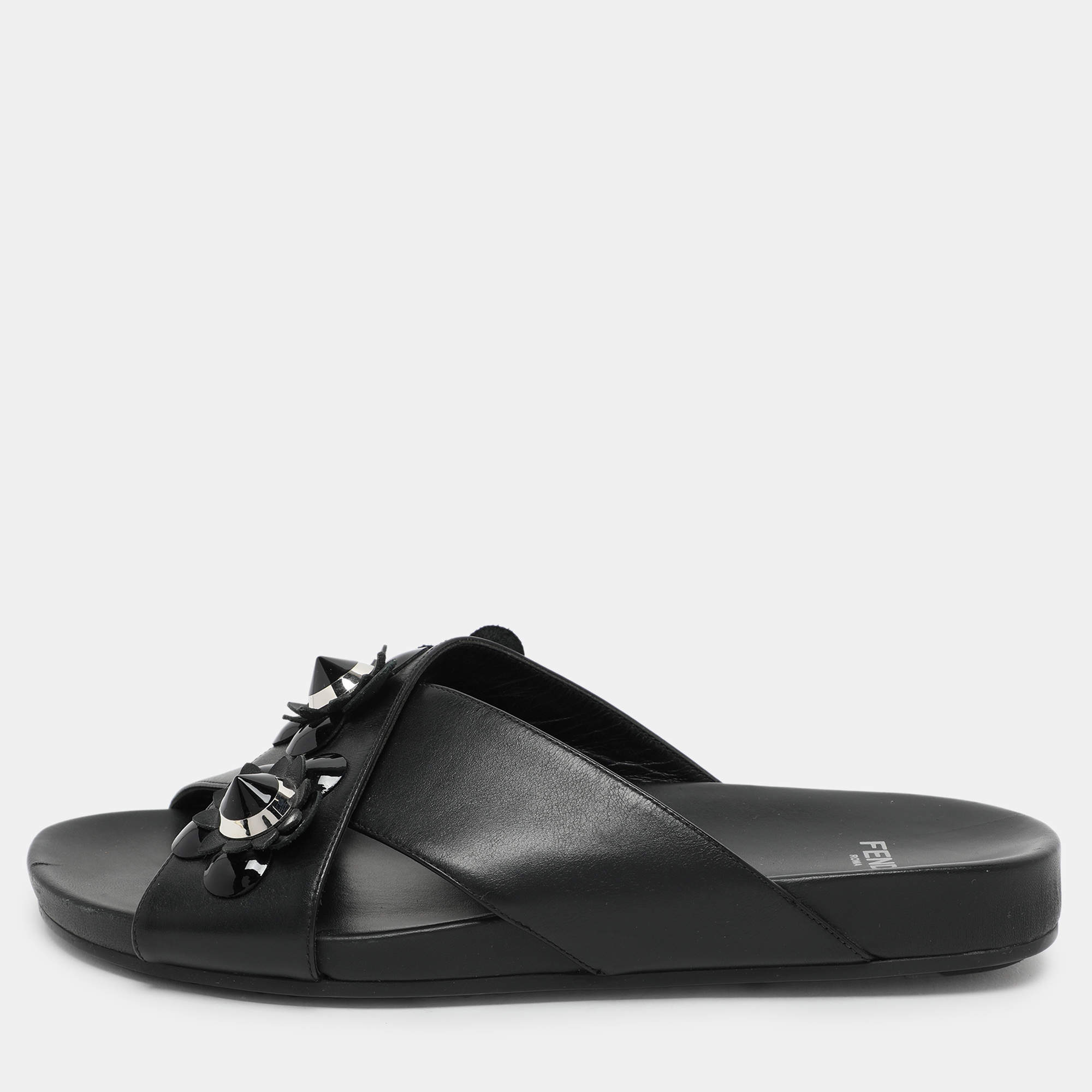 Fendi Black Leather Flowerland Criss Cross Flat Slides Size 38
