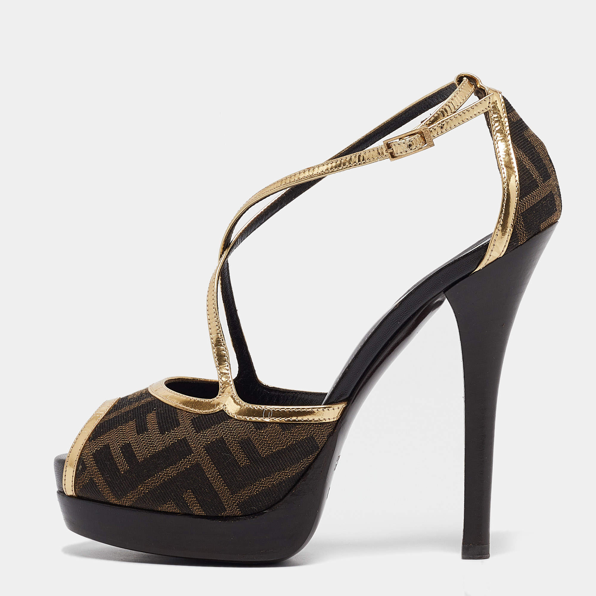 Fendi Brown/Gold Zucca Canvas and Leather Ankle Strap Sandals Size 38