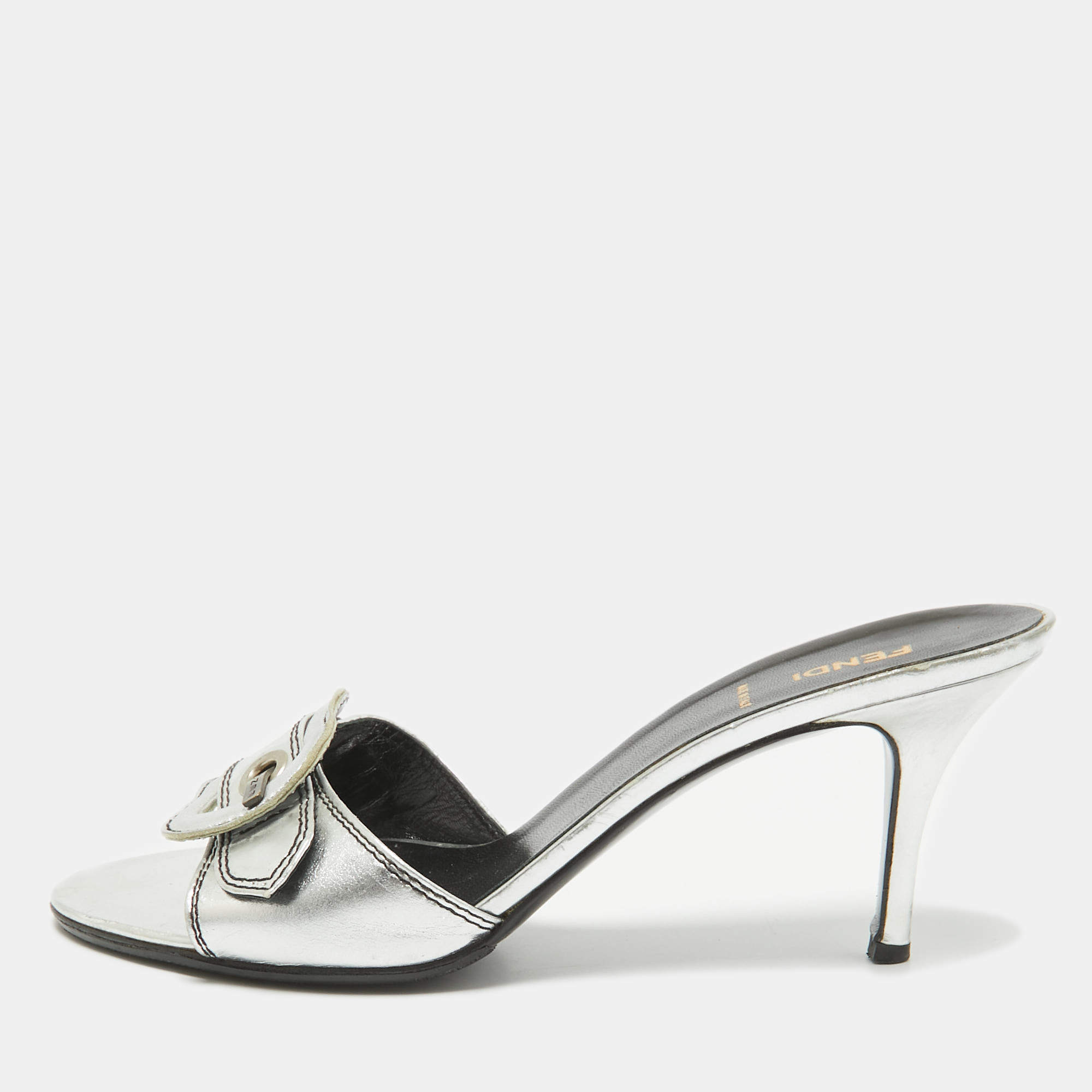 Fendi Silver Leather B Buckle Slide Sandals Size 39.5