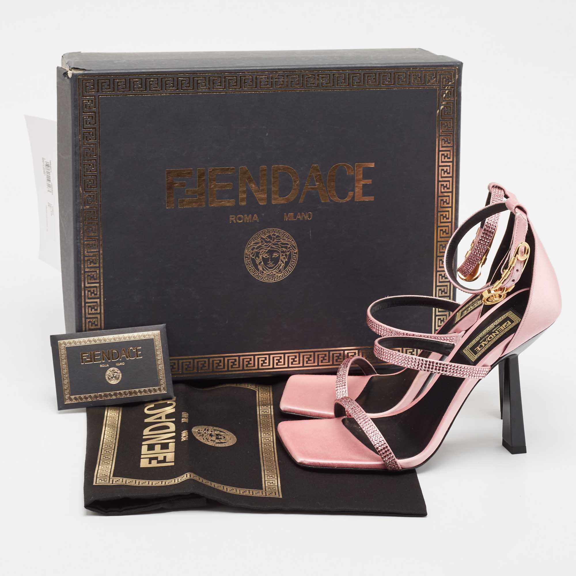 Pre Owned Fendi x Versace Pink Satin Crystal Embellished Ankle Strap Sandals Size 37