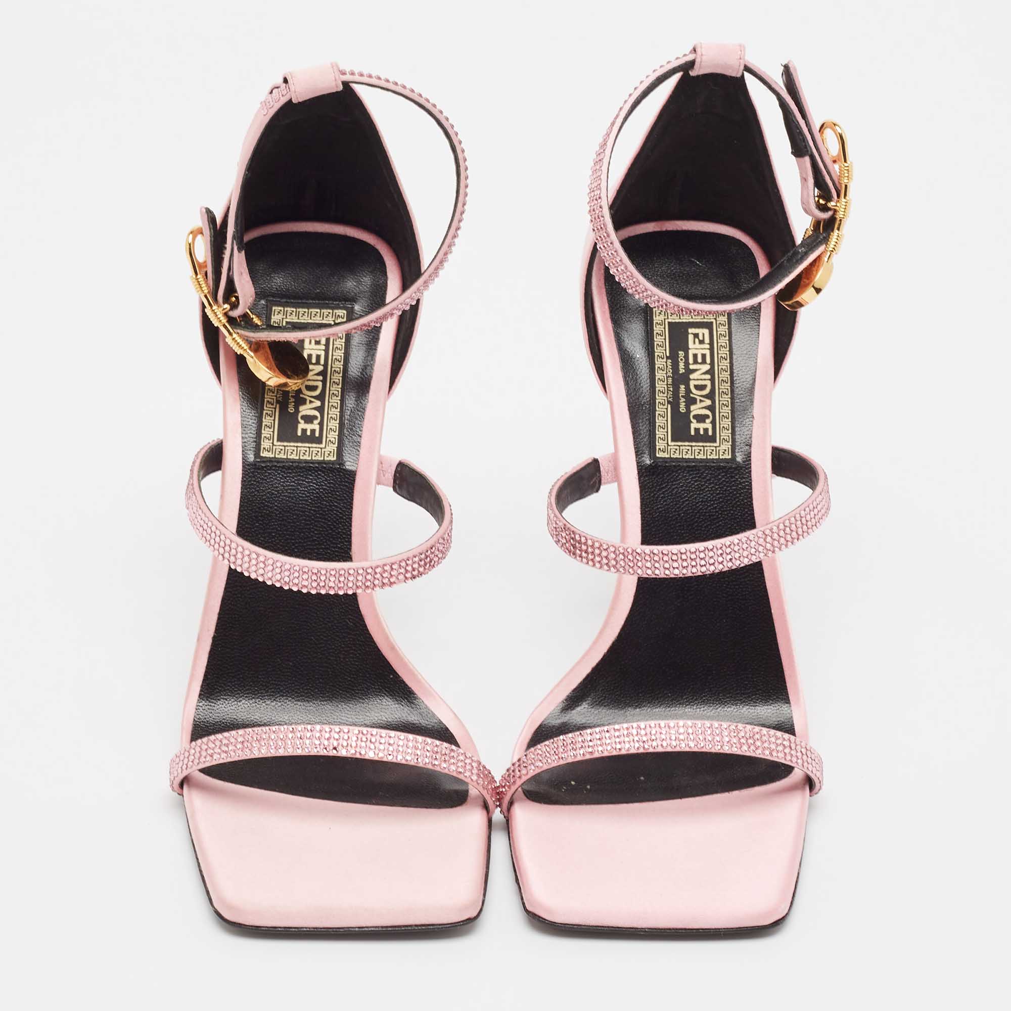Pre Owned Fendi x Versace Pink Satin Crystal Embellished Ankle Strap Sandals Size 37