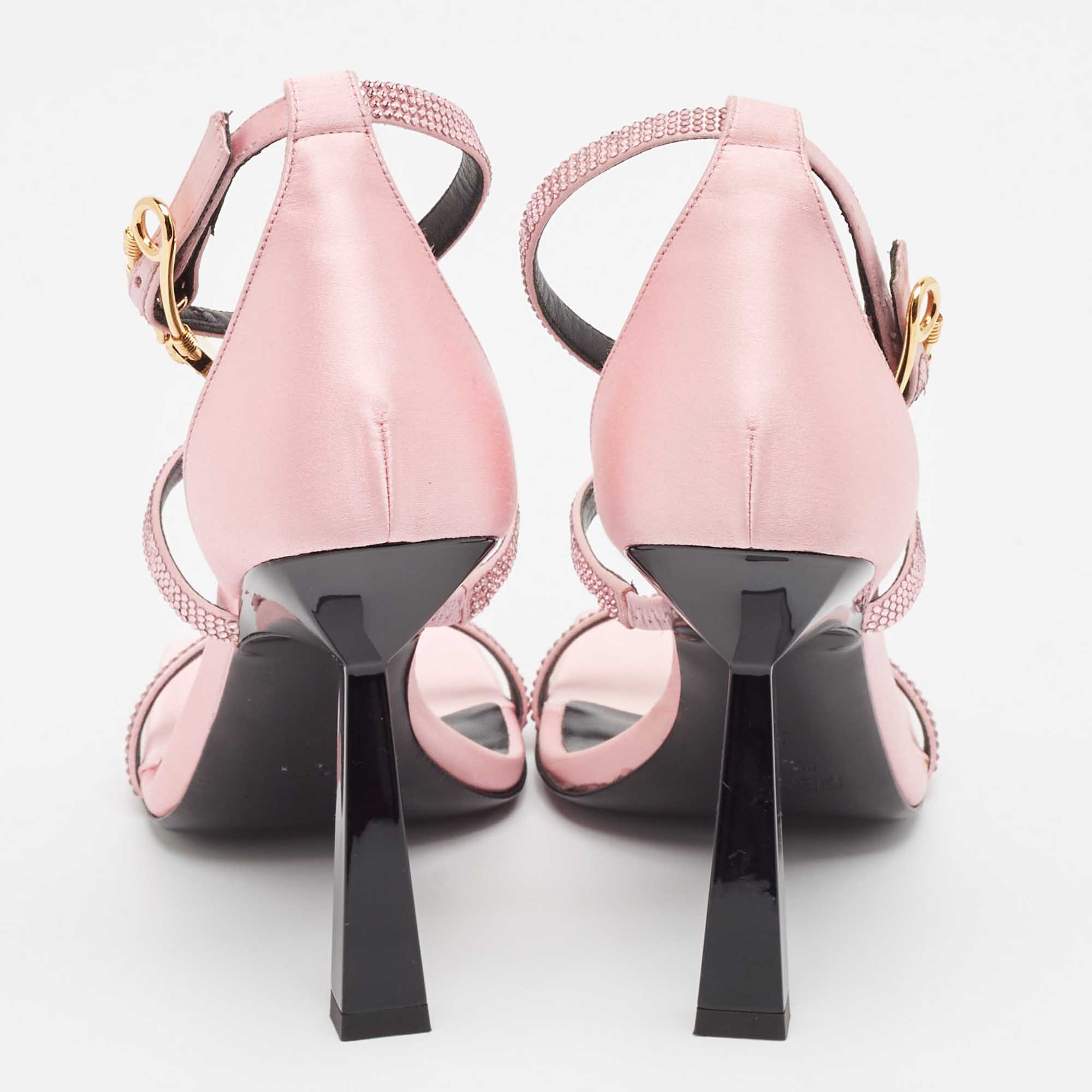 Pre Owned Fendi x Versace Pink Satin Crystal Embellished Ankle Strap Sandals Size 37