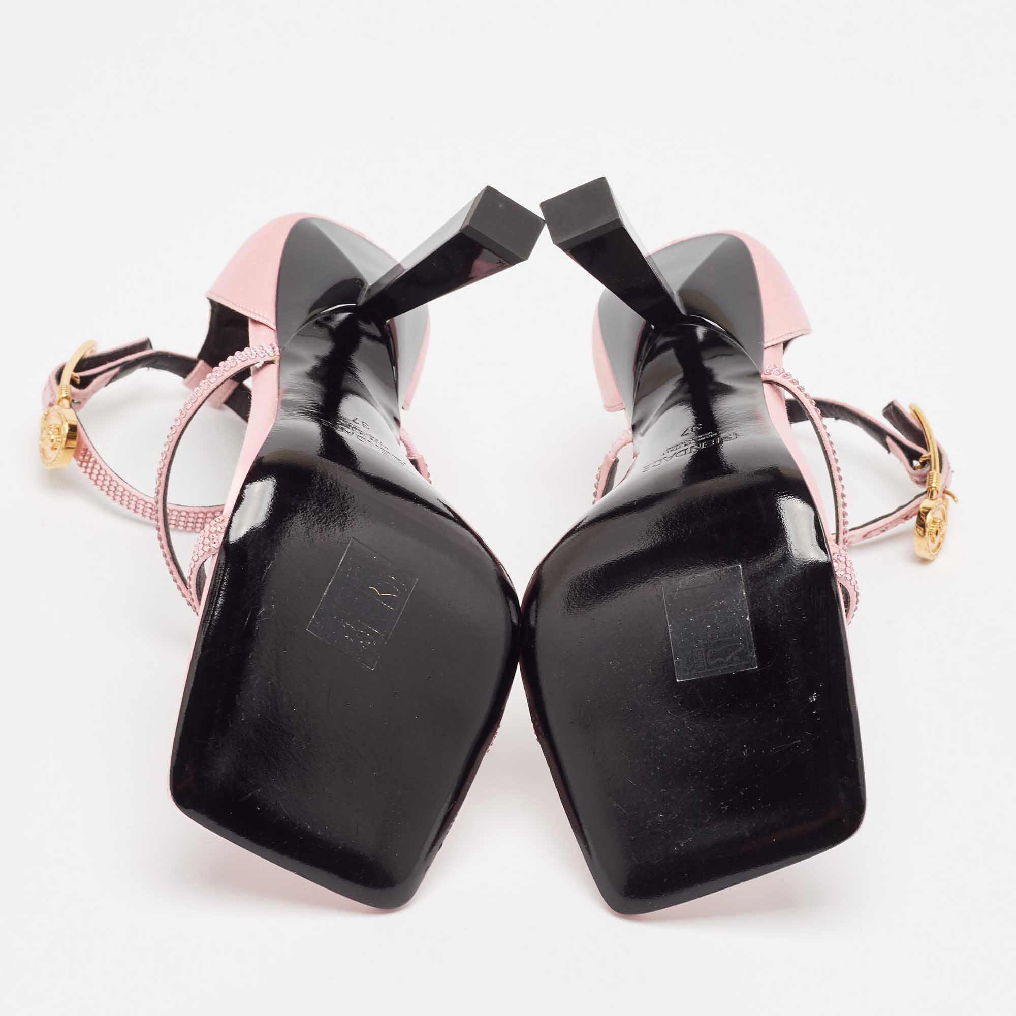 Pre Owned Fendi x Versace Pink Satin Crystal Embellished Ankle Strap Sandals Size 37