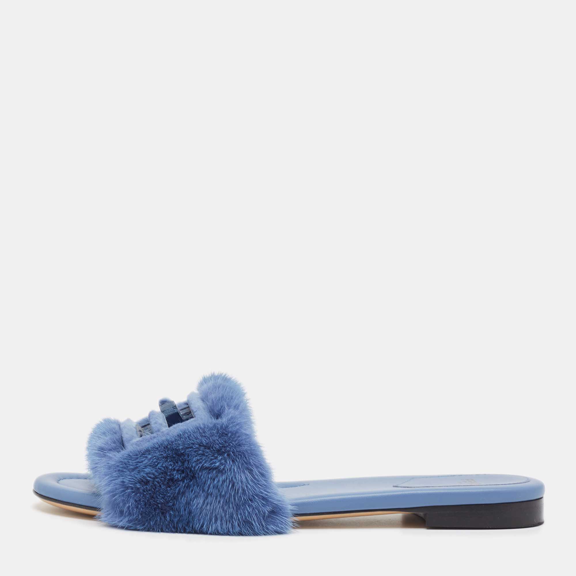 Fendi Blue Mink Fur Baguette Flat Slides Size 38.5