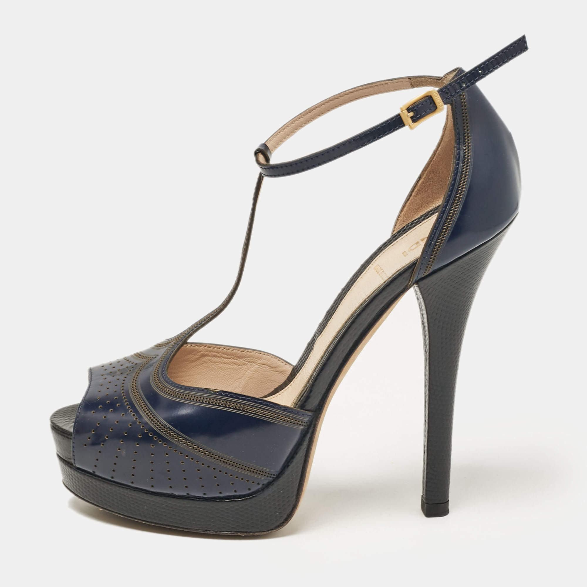 Pre Owned Fendi Navy Blue Leather Ankle Strap Sandals Size 37.5