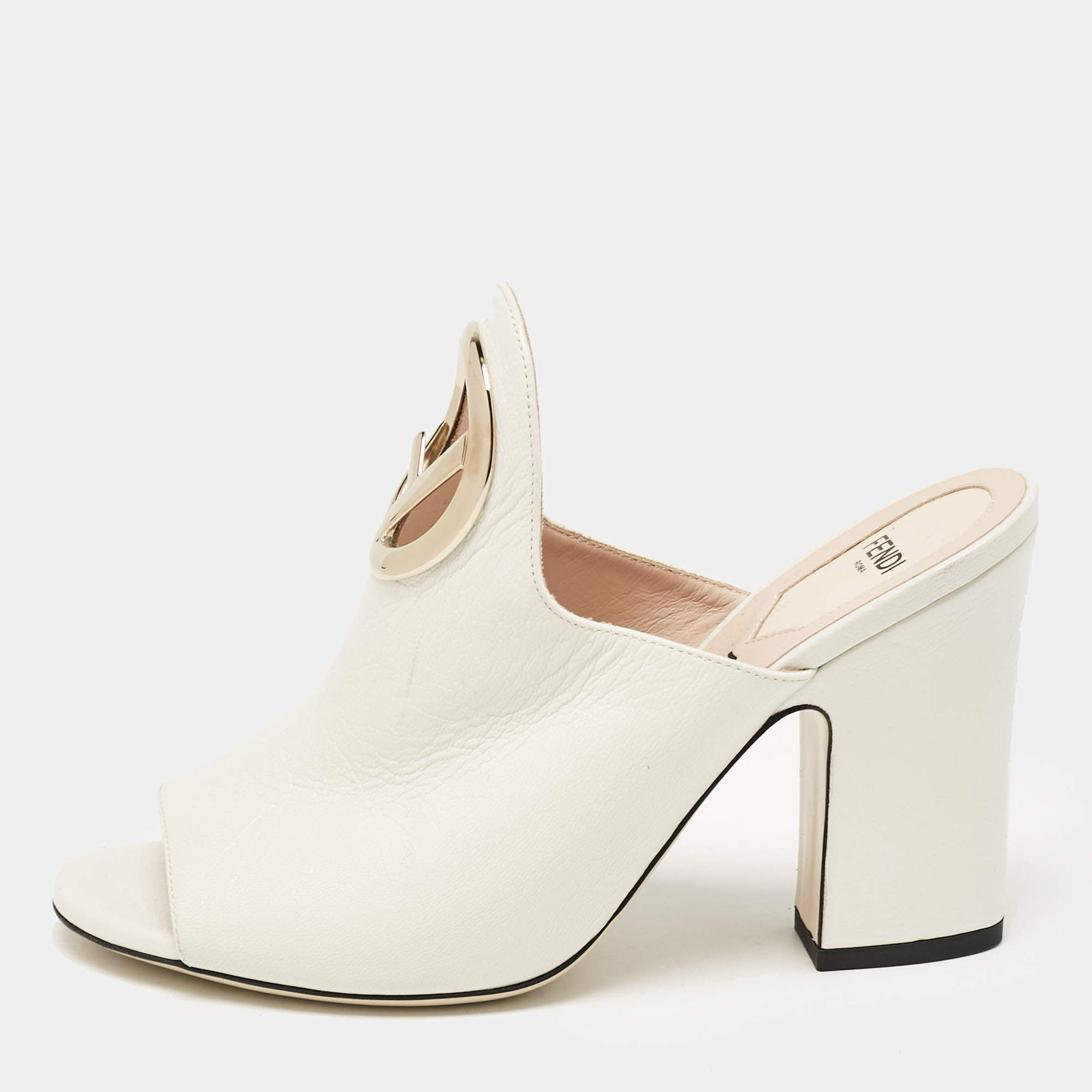 Pre Owned Fendi Off White Leather F Logo Mules Size 38