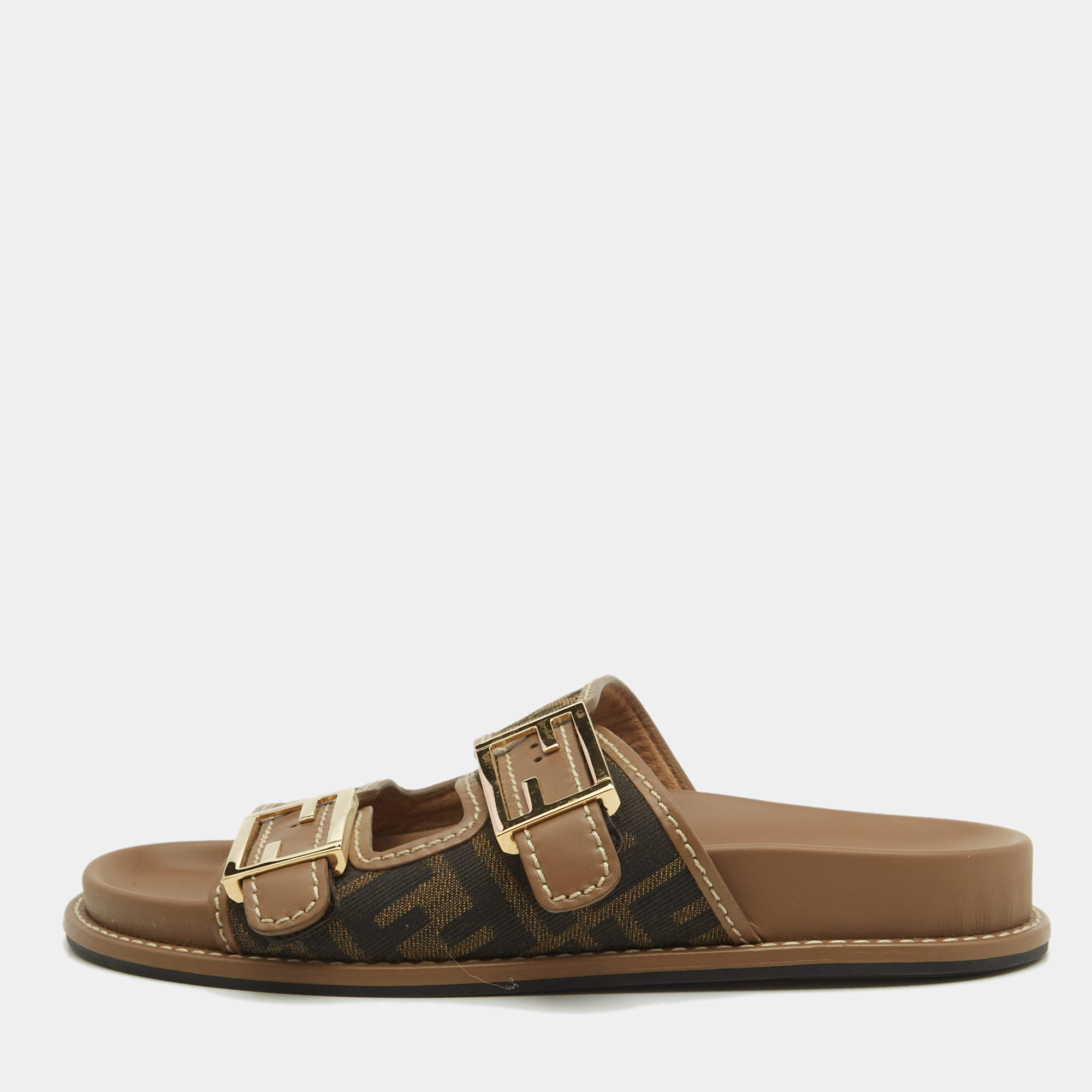 Fendi Brown Zucca Canvas and Leather FF Buckle Slides Size 37.5