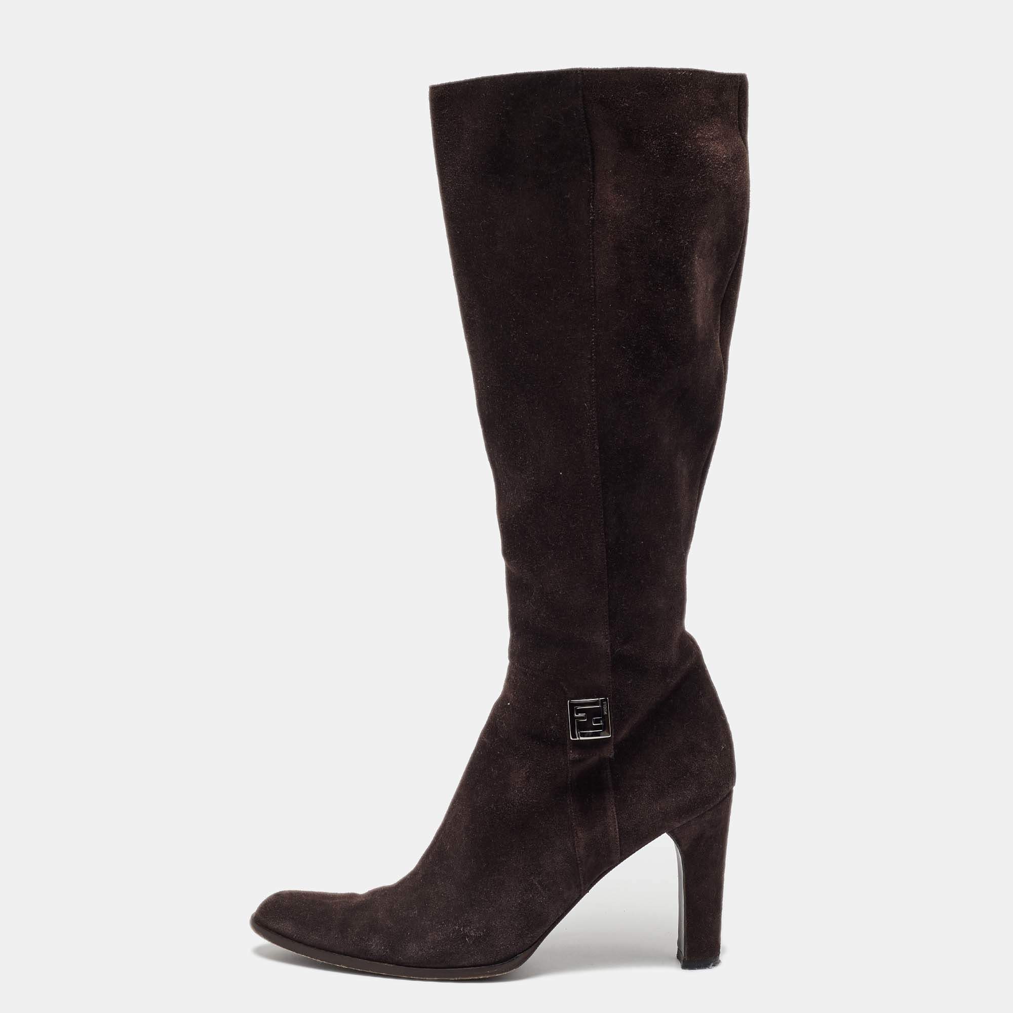 مملوكة مسبقًا Fendi Dark Brown Suede Knee Length Boots Size 38