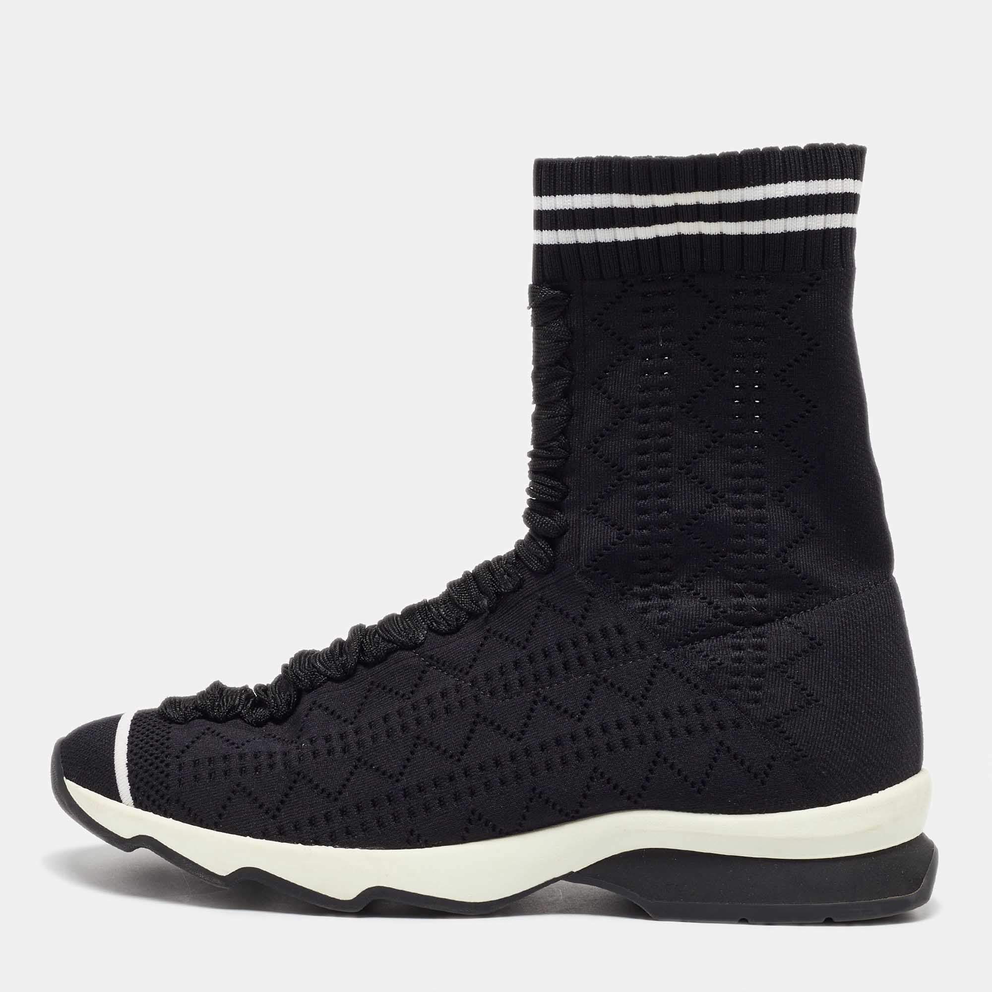مملوكة مسبقًا Fendi Black Knit Fabric Sock High Top Slip on Sneakers Size 38