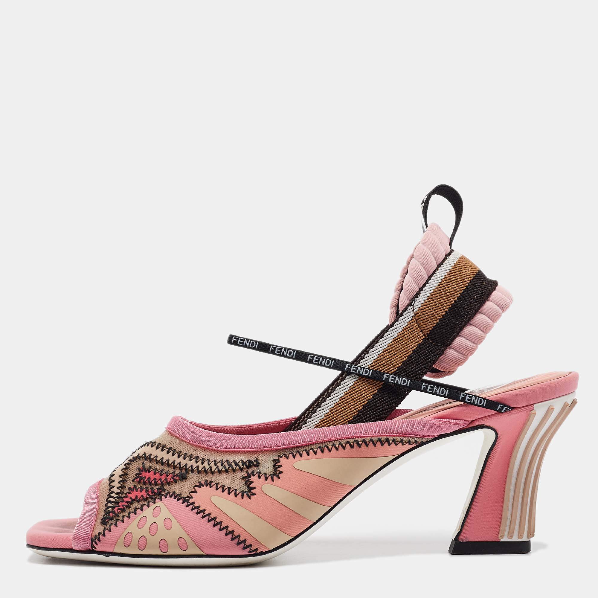 Pre Owned Fendi Pink Mesh and Canvas Evie Slingback Sandals Size 37.5