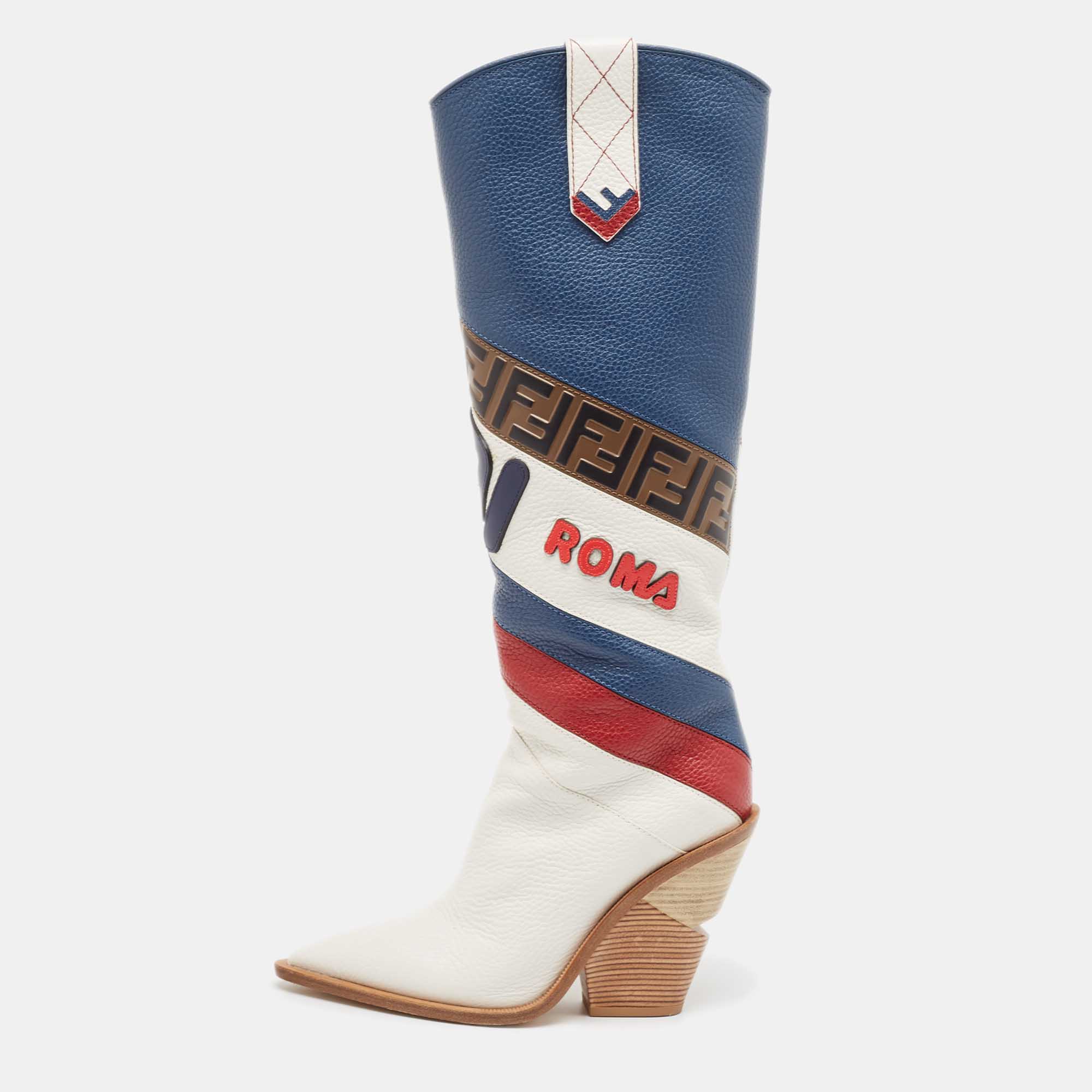  Fendi X FILA Multicolor Leather Mania FF 1974 Knee Length Boots Size 39