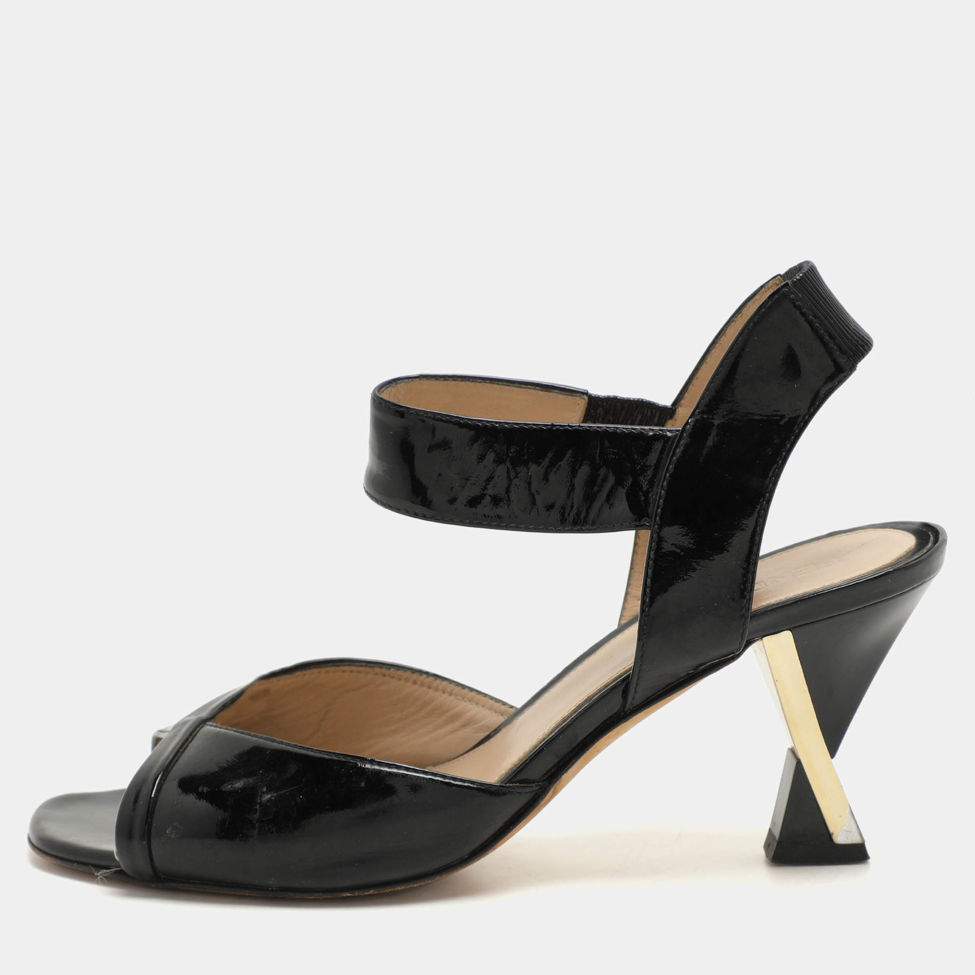 Fendi Black Patent Leather Ankle Strap Sandals Size 37.5