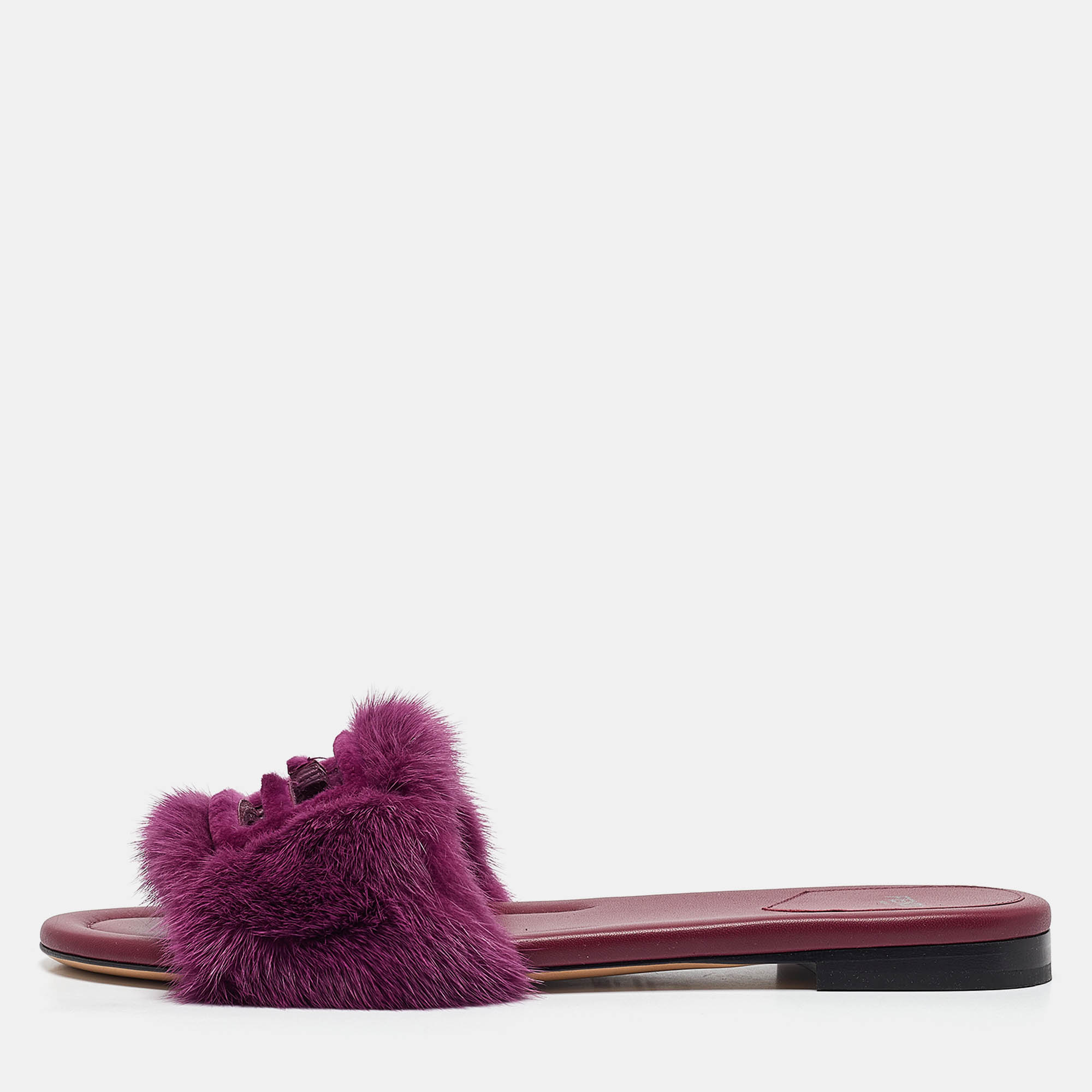 Fendi Purple Mink Fur Baguette Flat Slides Size 40