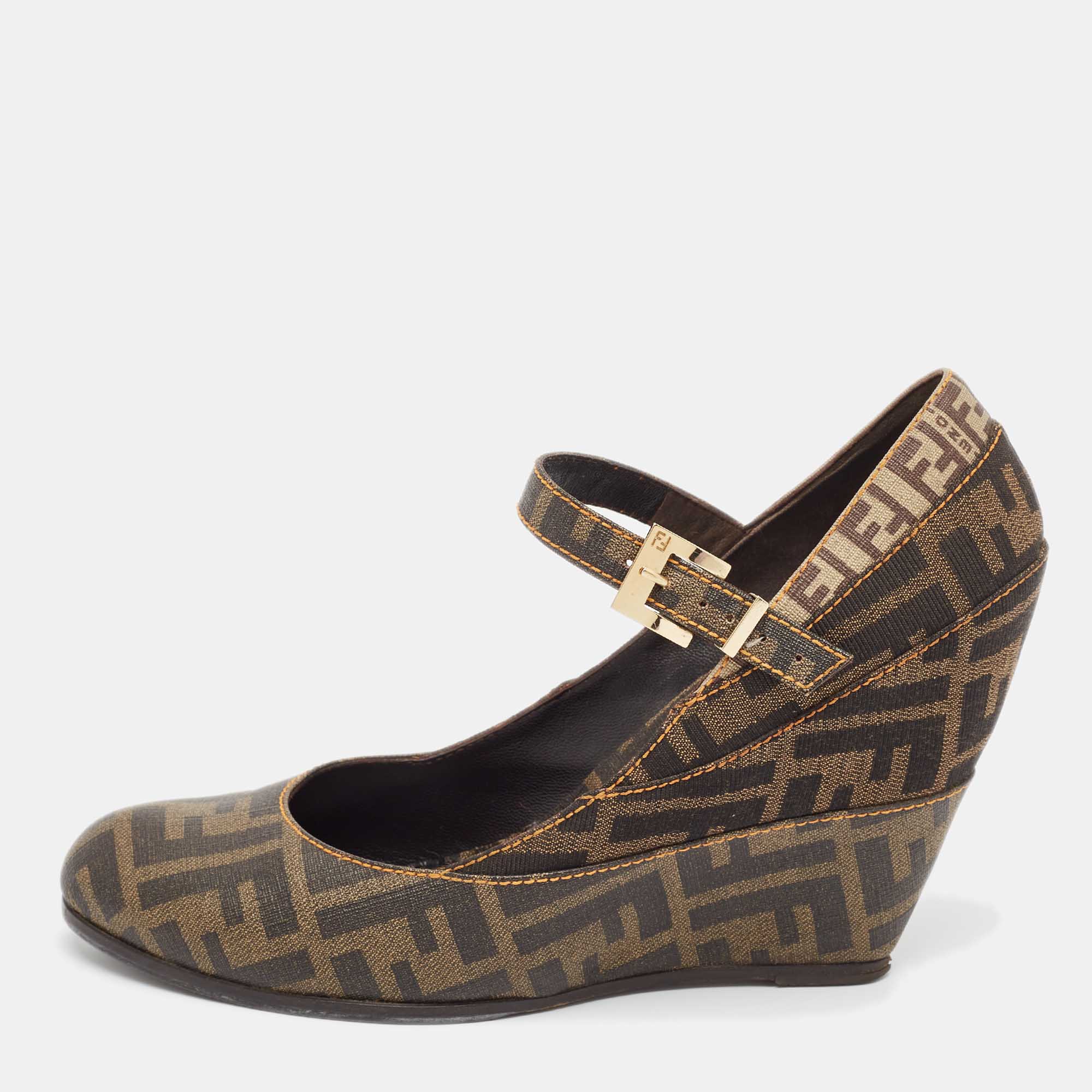 Fendi Tobacco Zucca Coated Canvas Wedge Pumps Size 40