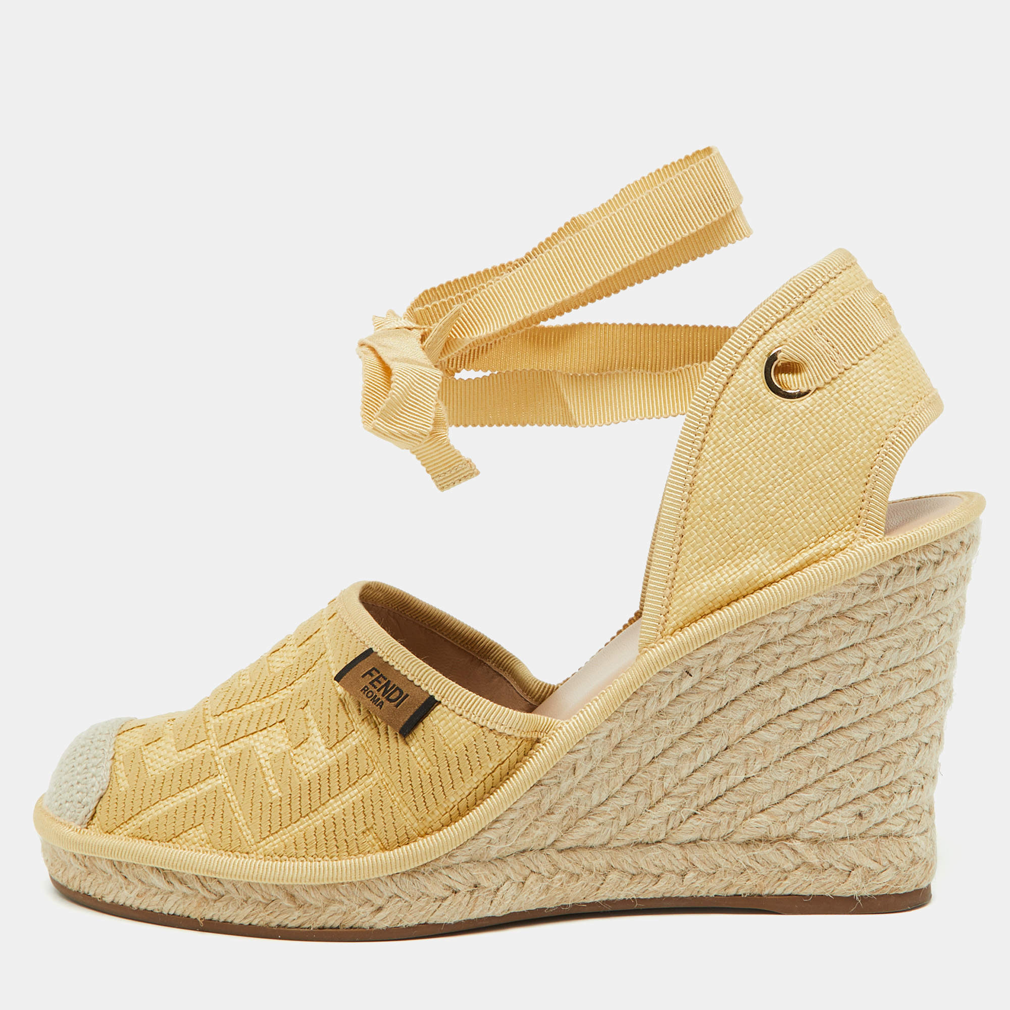 Fendi Beige Zucca Raffia and Canvas Espadrille Platform Wedge Sandals Size 40