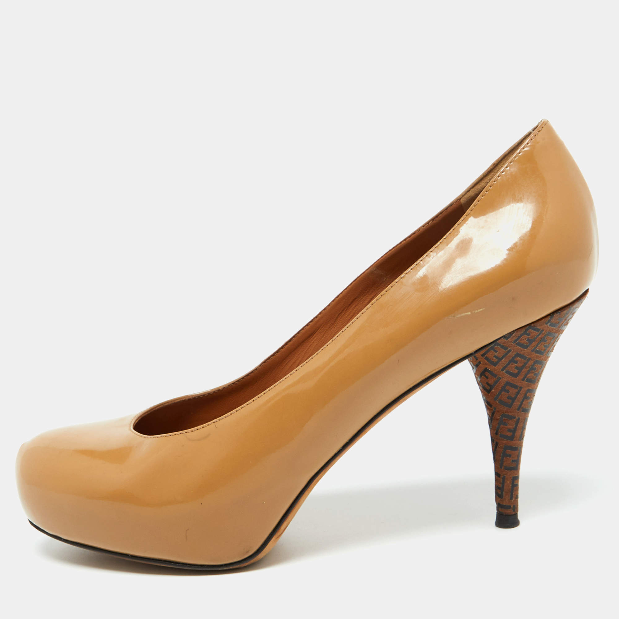 Fendi Beige Patent Leather Zucca Heel Platform Pumps Size 39.5
