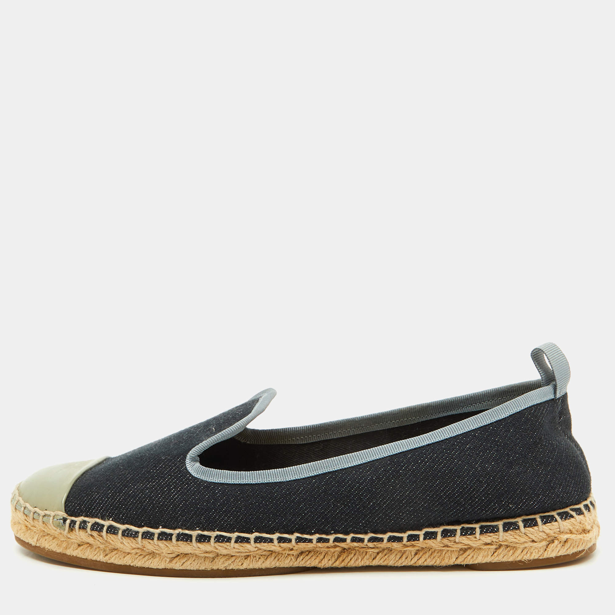 Fendi Navy Blue/Grey Denim and Patent Leather Junia Cap Toe Espadrille Flats Size 38