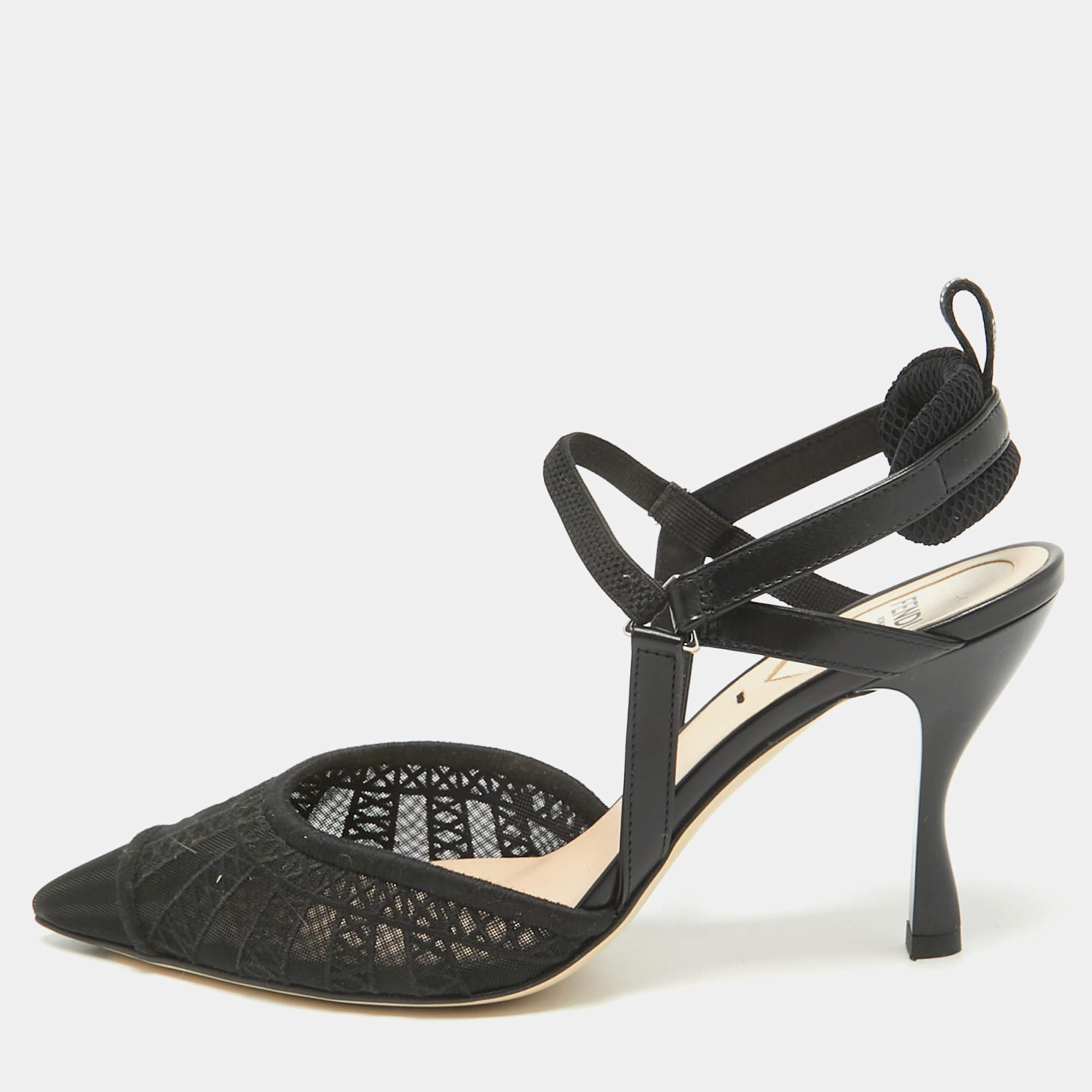 Fendi Black Lace and Leather Colibri Lite Slingback Pumps