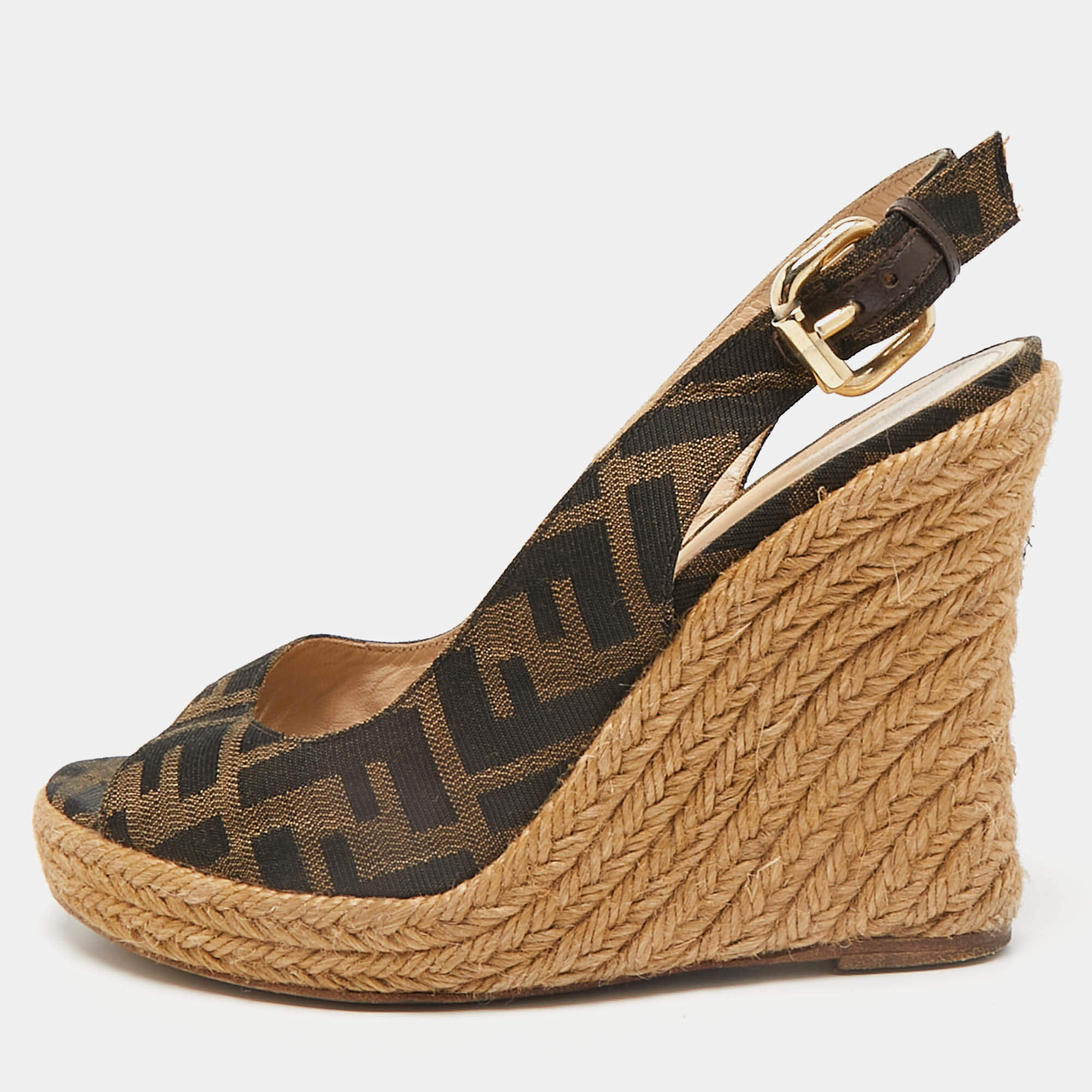 Fendi Brown Canvas Wedge Espadrille Sandals Size 36
