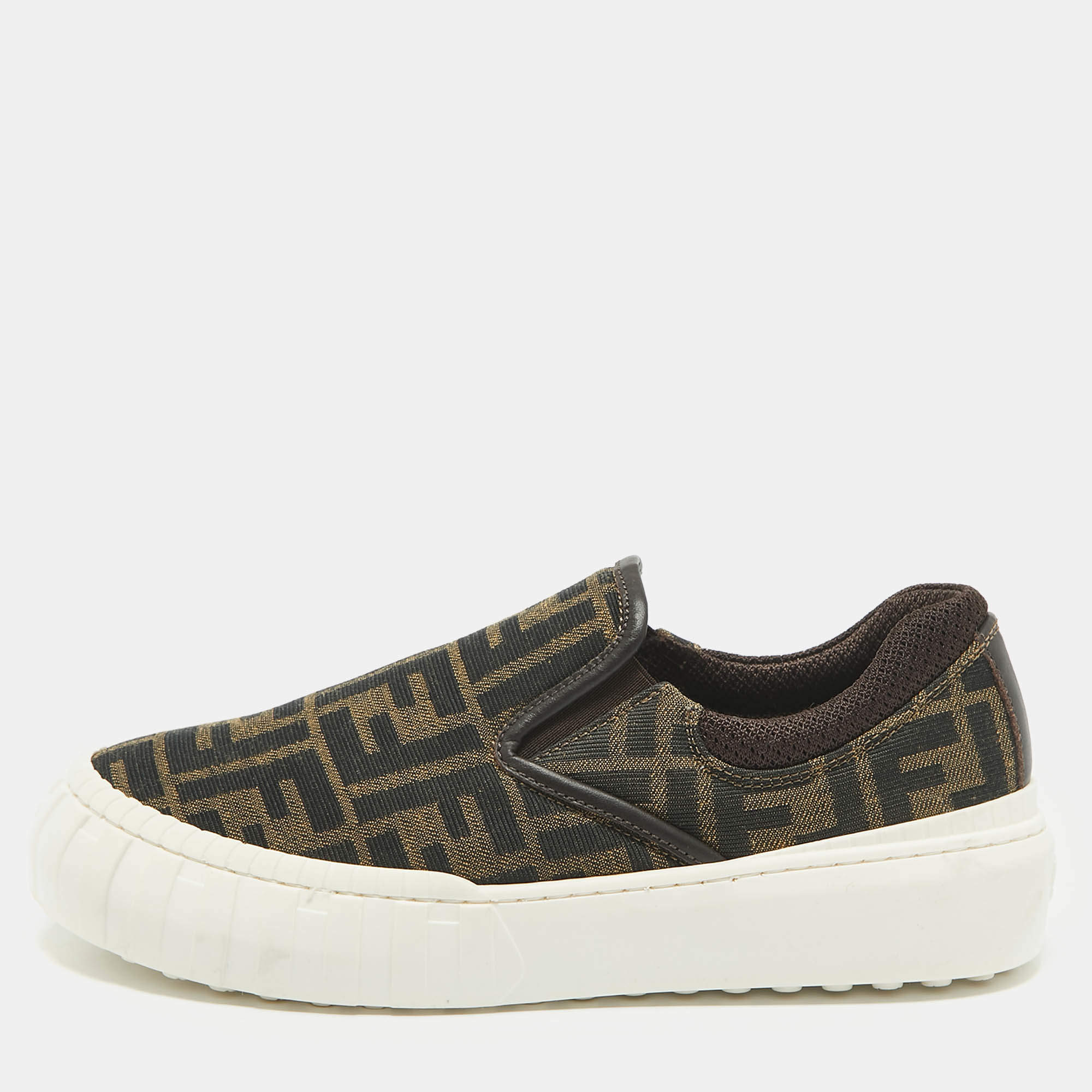 Fendi Brown Canvas and Fabric FF Slip On Sneakers Size 37
