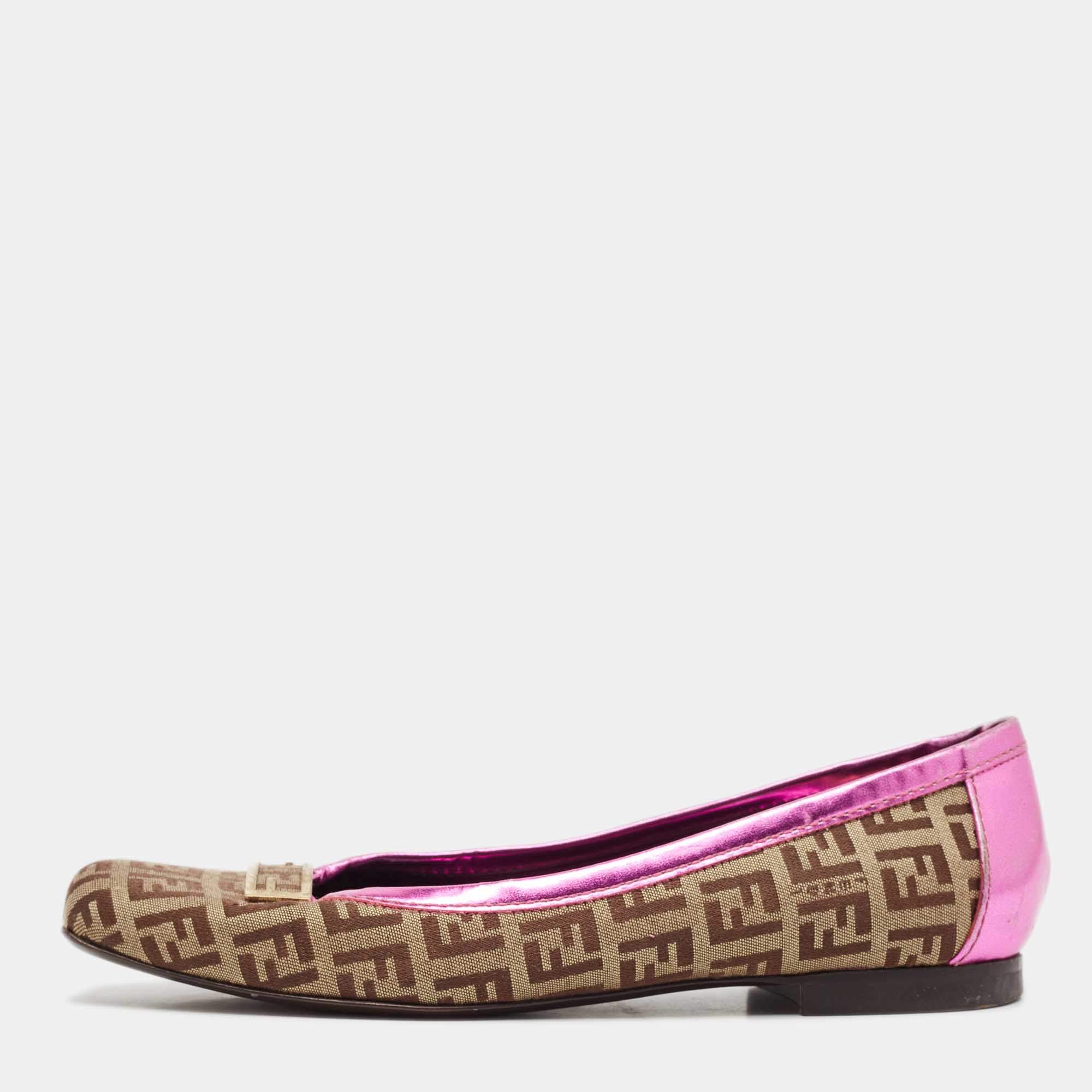 Fendi Brown/Pink Zucca Canvas and Leather Logo Ballet Flats Size 36