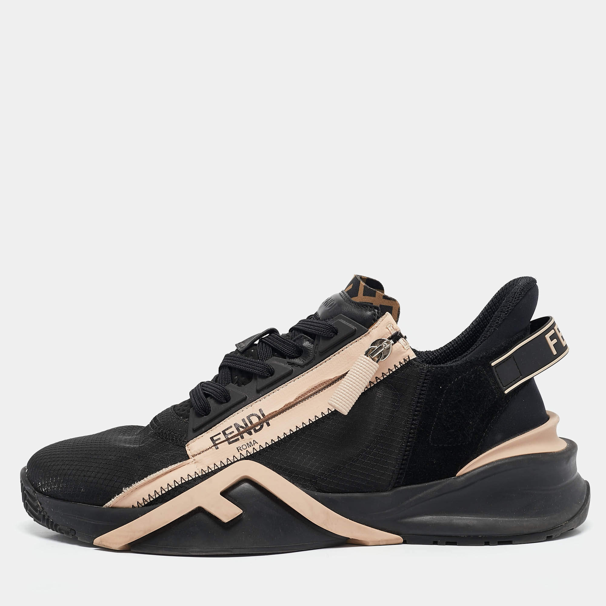 Pre Owned Fendi Black/Beige Mesh and Leather Flow Sneakers Size 41