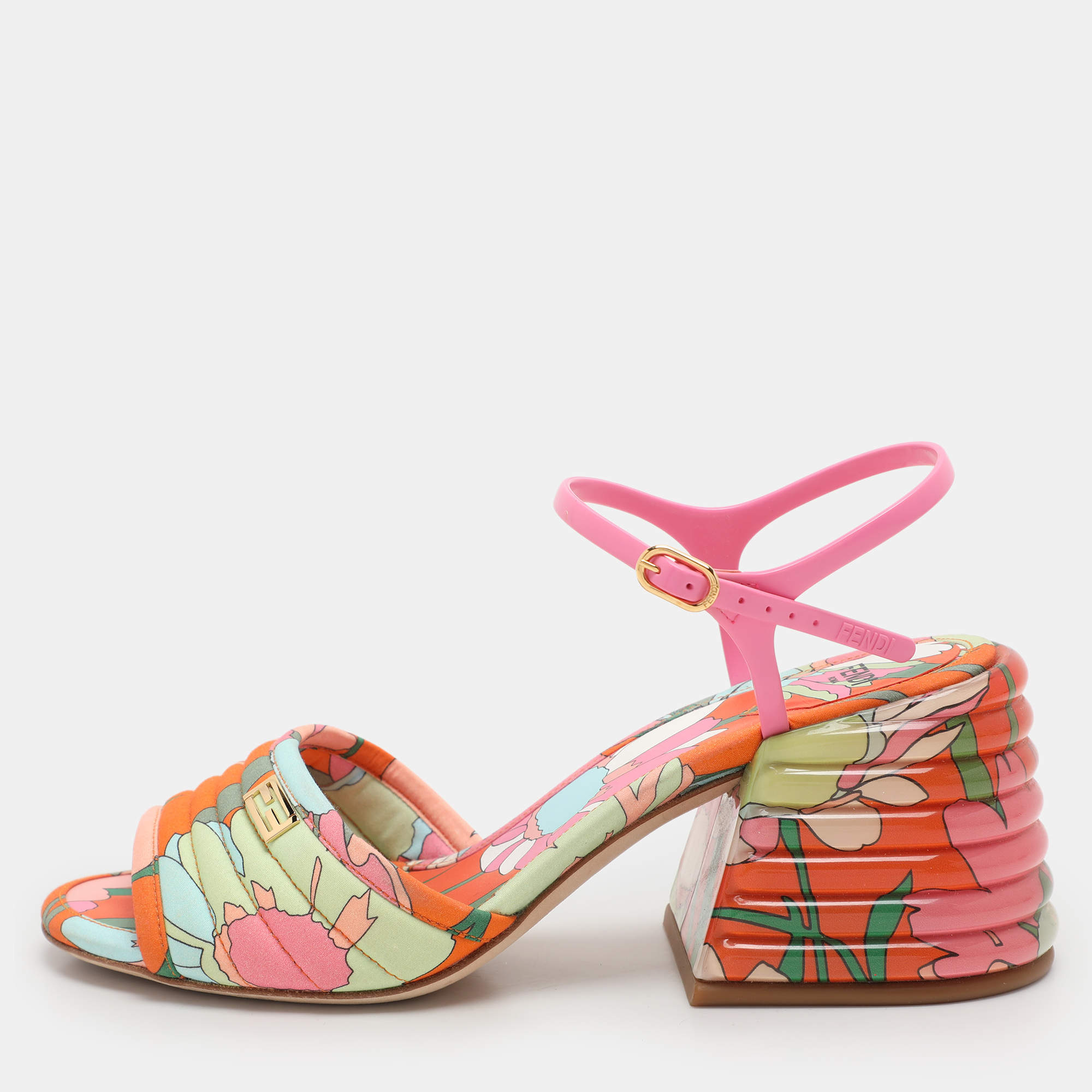 Pre Owned Fendi Multicolor Fabric and PVC Promenade Ankle Strap Sandals Size 37
