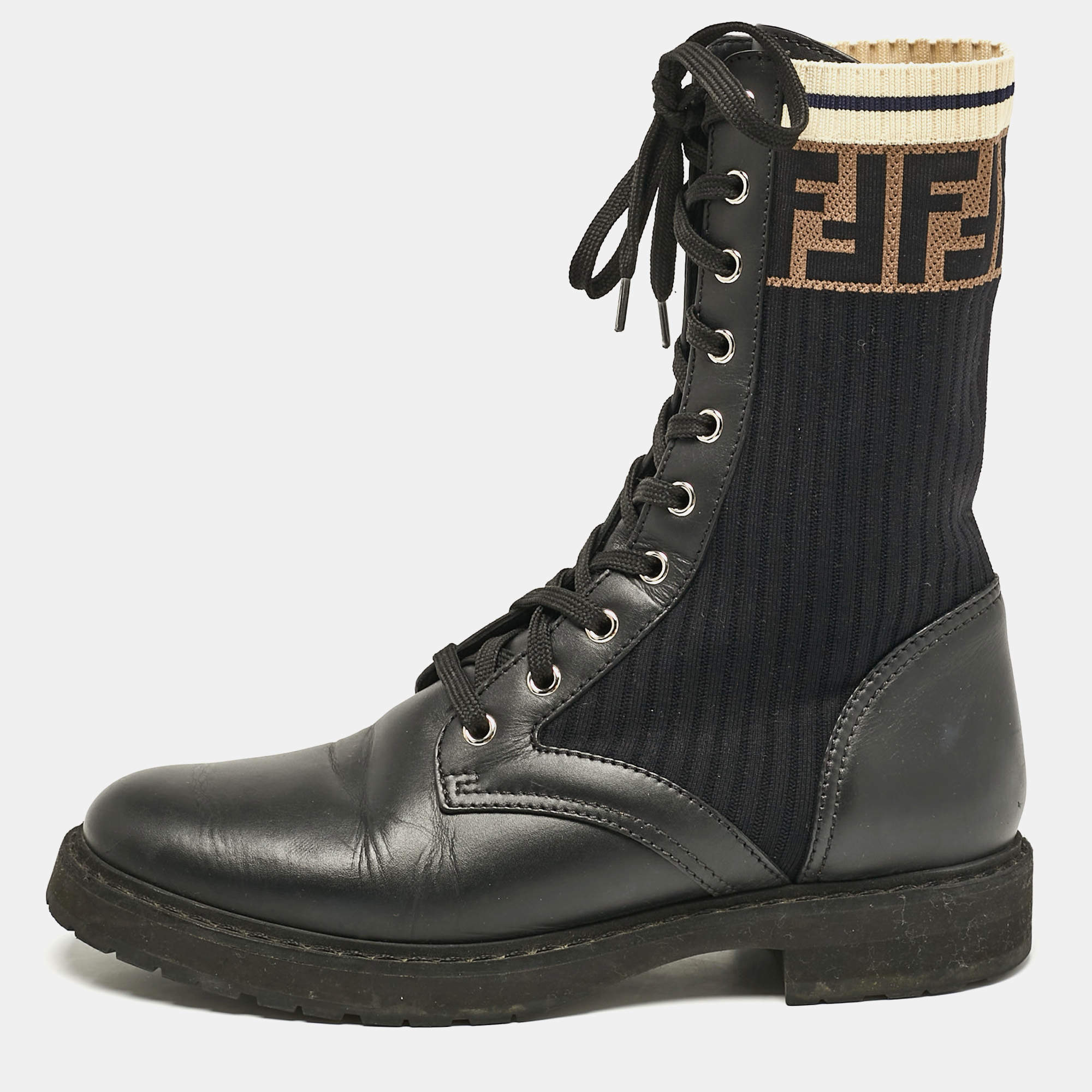 Pre Owned Fendi Black Leather and Zucca Stretch Fabric Rockoko Combat Boots Size 39
